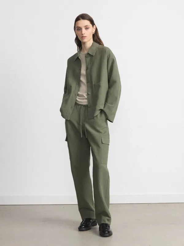The Jane Straight Cargo Pant in Olive Green sold by Frank & Oak