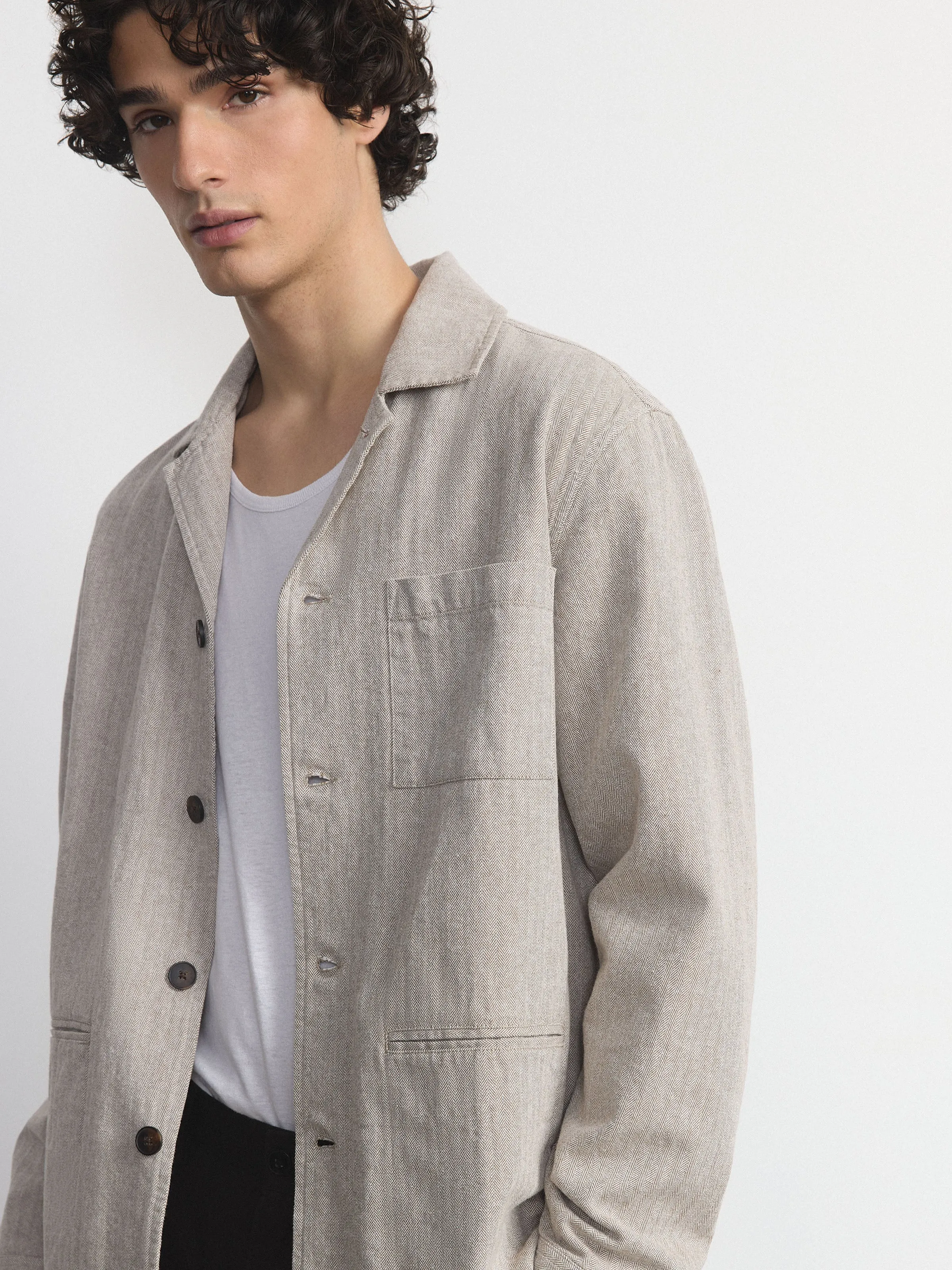 The Linen Notch Collar Overshirt in Light Grey sold by Frank & Oak