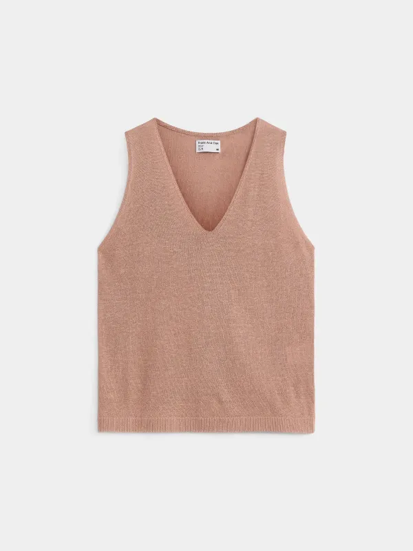 The V Neck Knit Linen-Blend Cami in Pink Clay sold by Frank & Oak