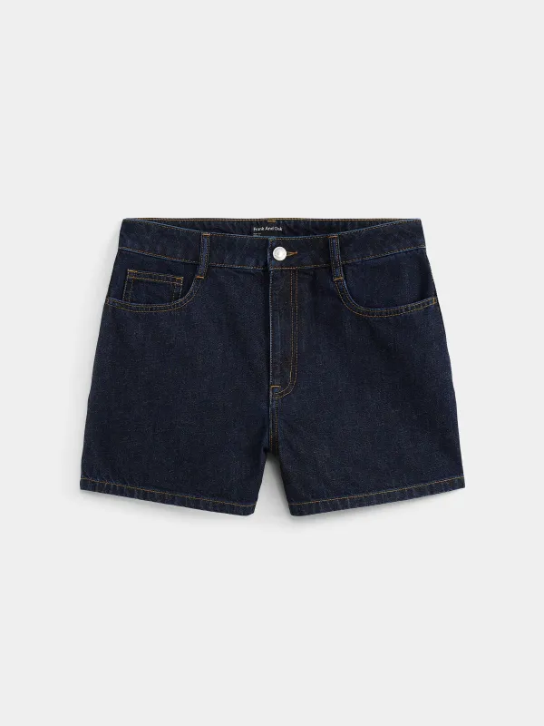 The Tina Relaxed Denim Short in Dark Wash sold by Frank & Oak