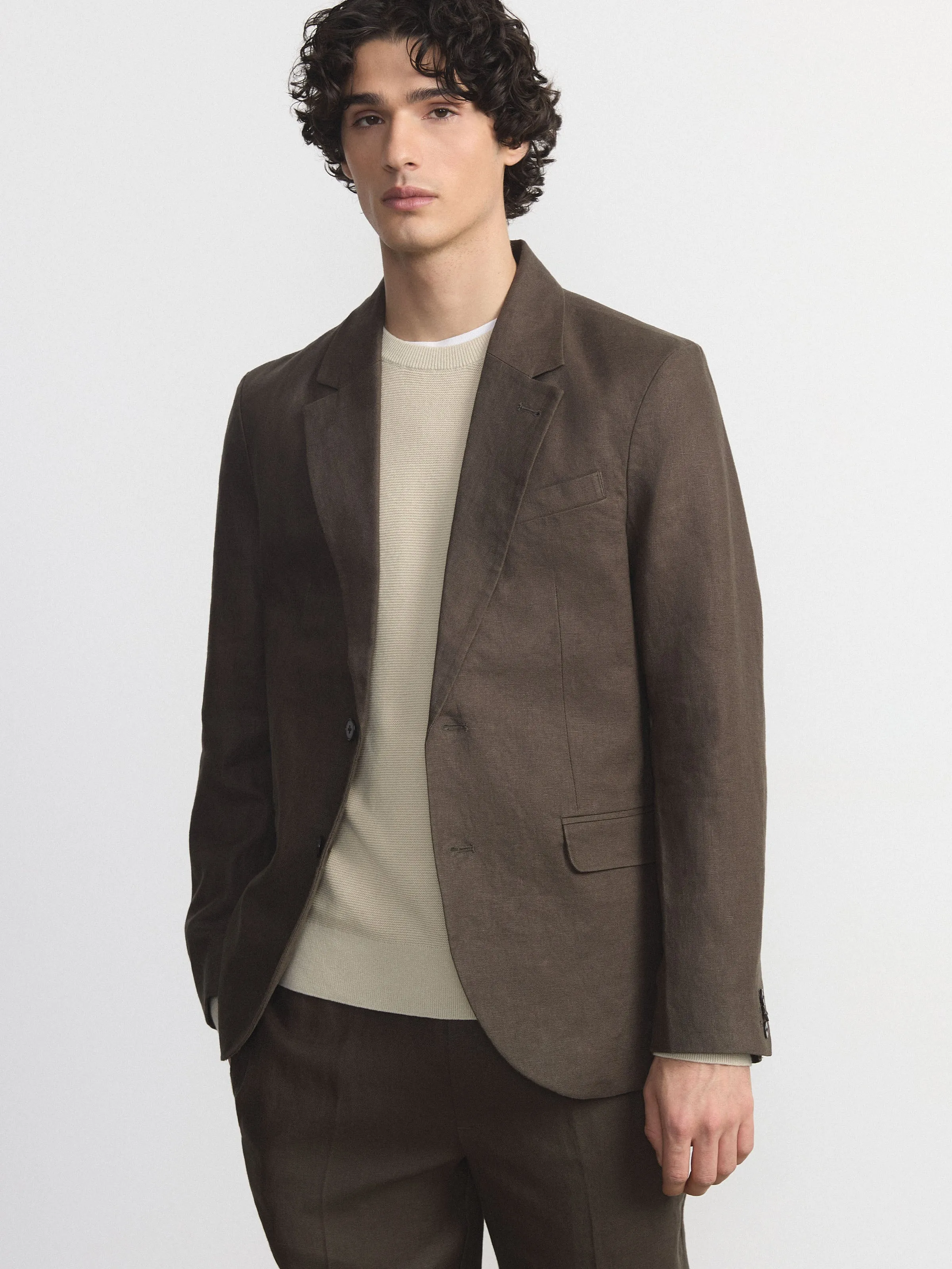 The Classic Linen Blazer in Black Olive sold by Frank & Oak