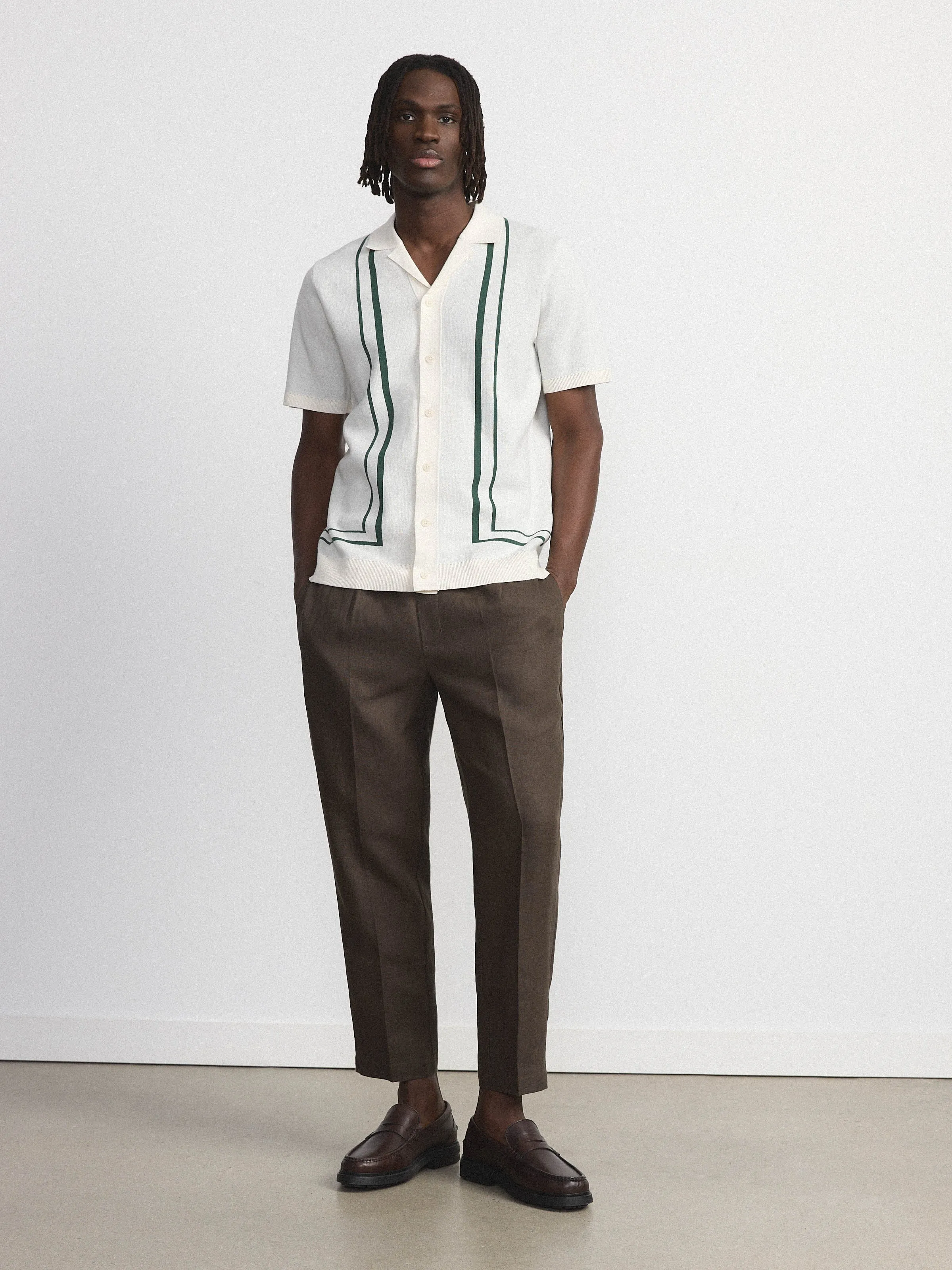 The Colin Linen Pull-On Pant in Black Olive sold by Frank & Oak