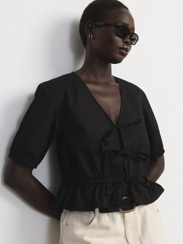 The Tie Front Blouse in Black sold by Frank & Oak