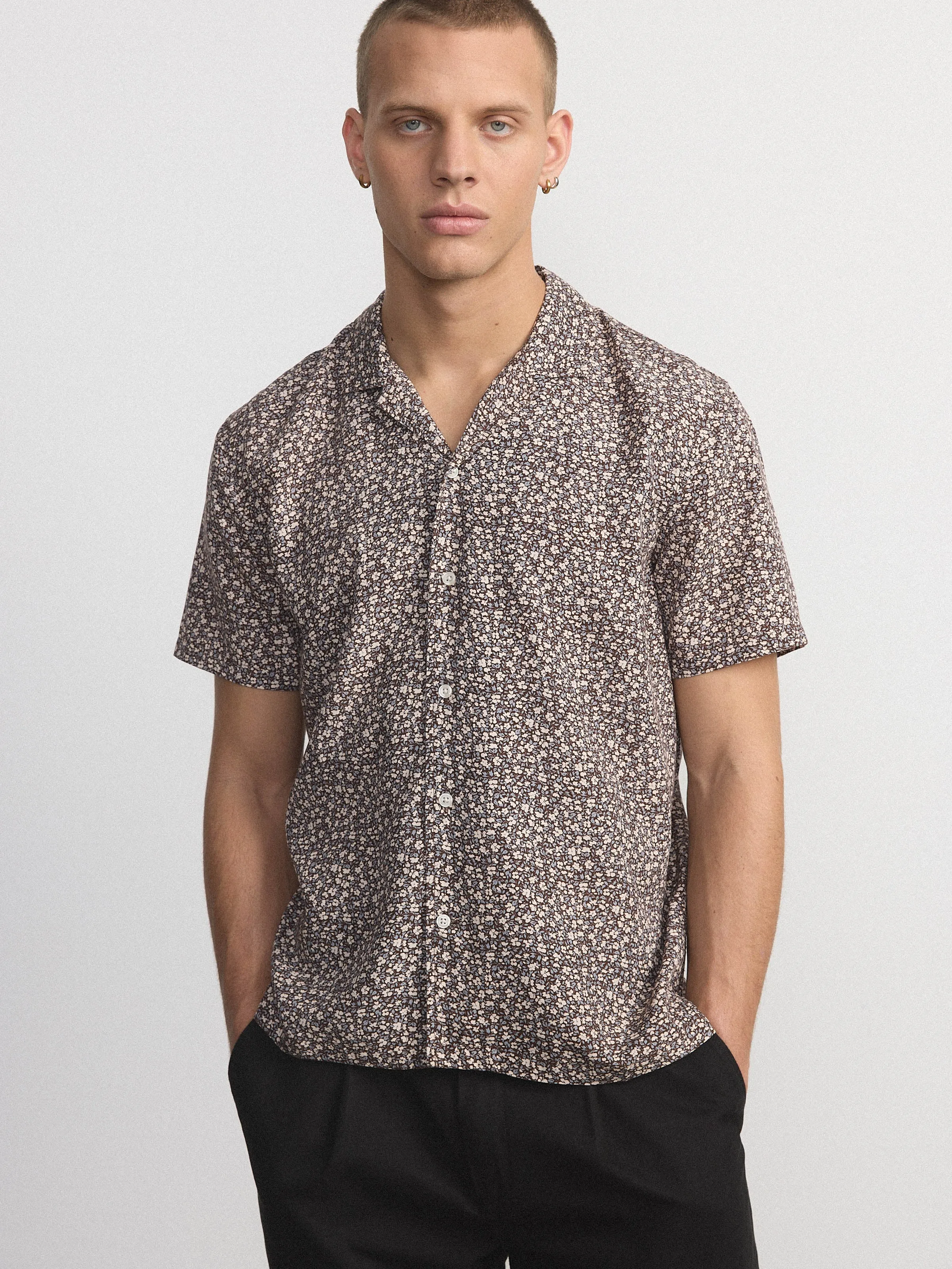 The Floral Camp Collar Shirt in Dark Chocolate sold by Frank & Oak