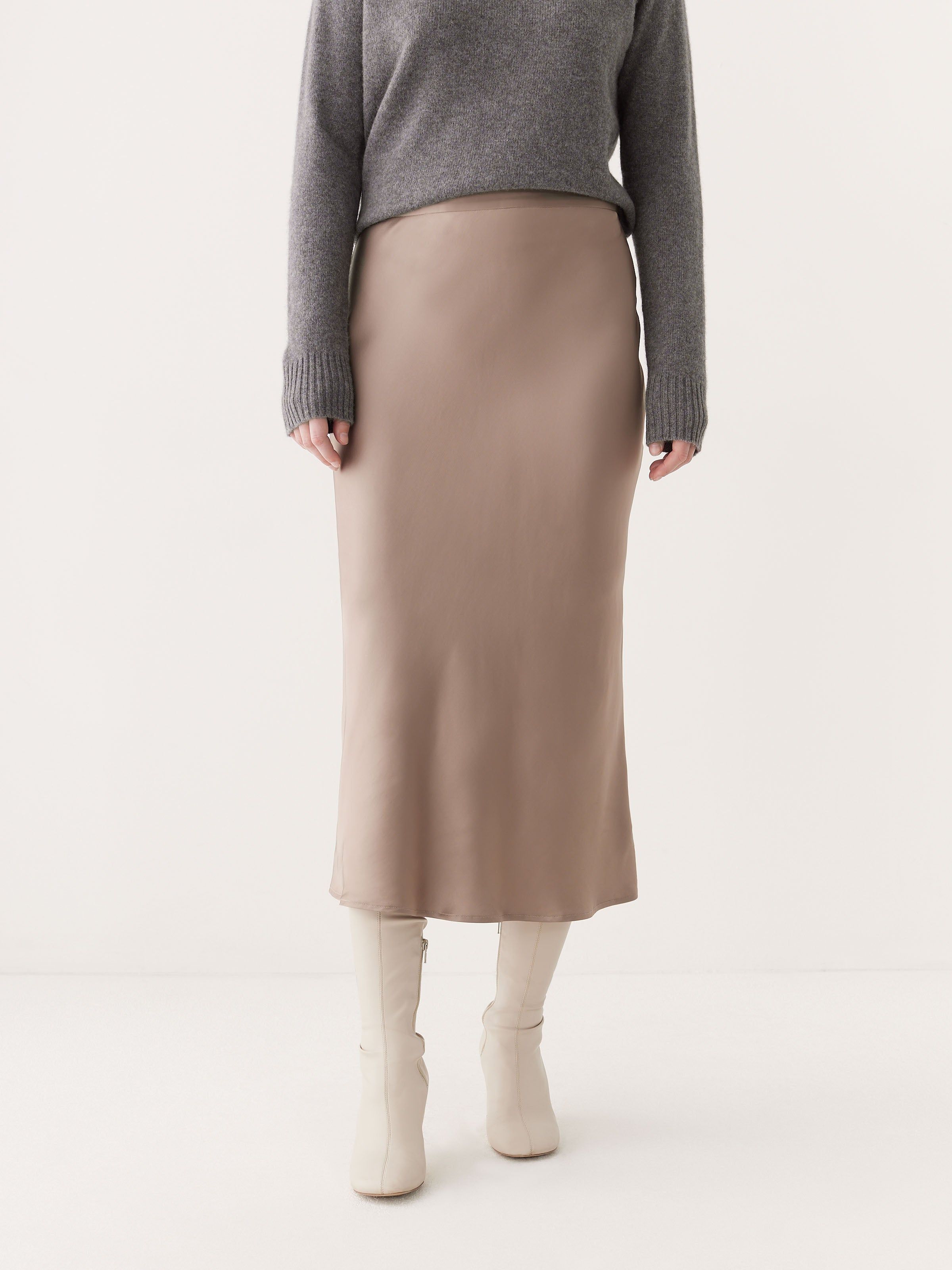 The Satin Midi Skirt in Champagne sold by Frank & Oak