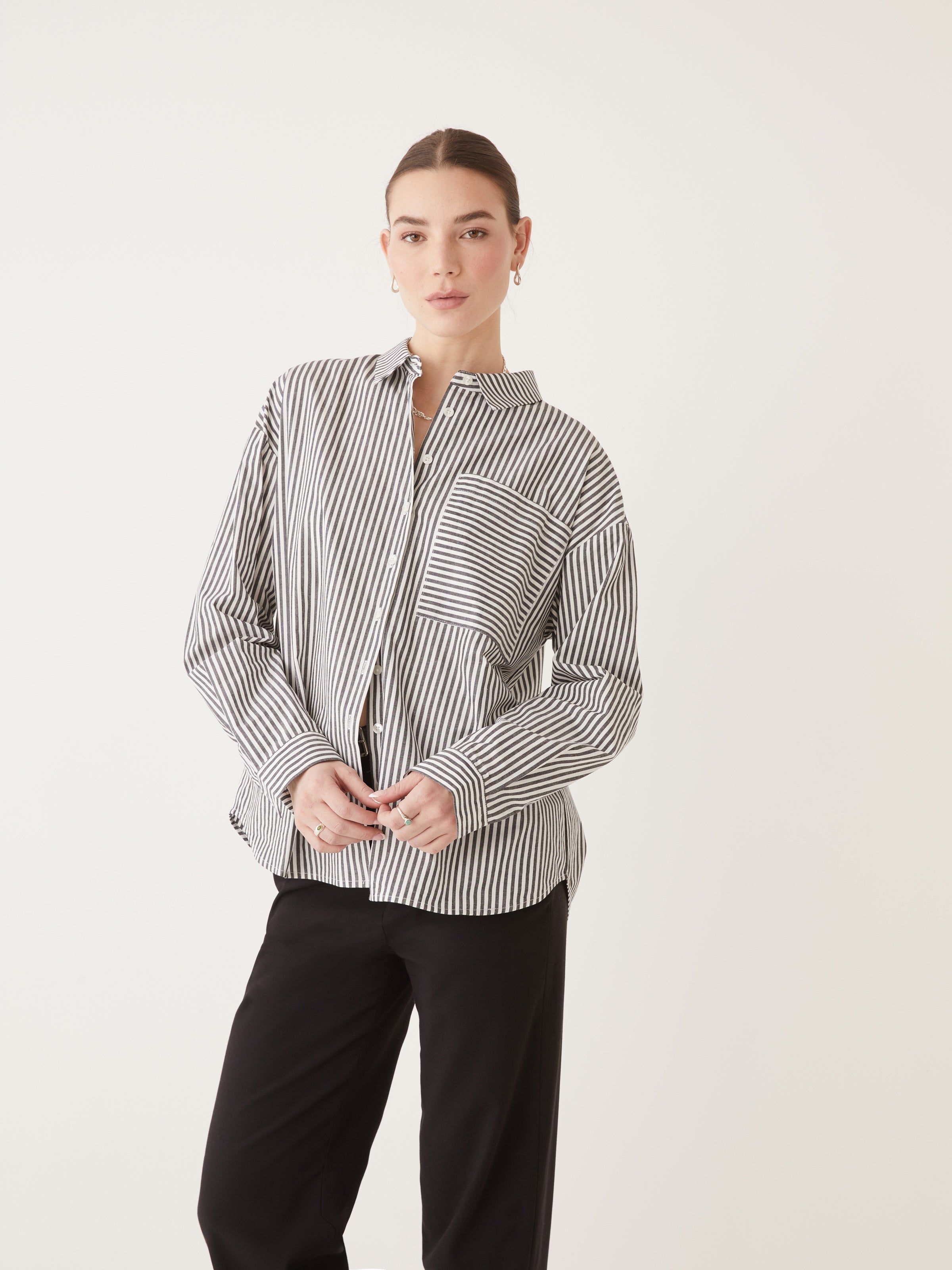 The Loose Fit Striped Kapok Shirt in Black & White sold by Frank & Oak product image thumbnail 3
