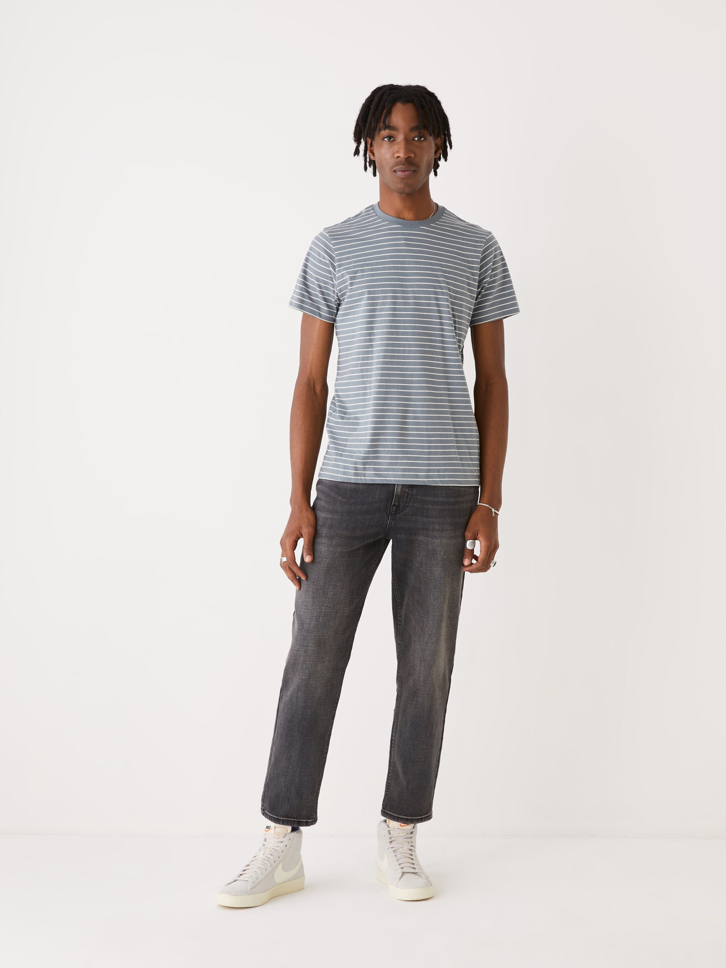 The Slim Fit Striped T-Shirt in Stormy Blue sold by Frank & Oak