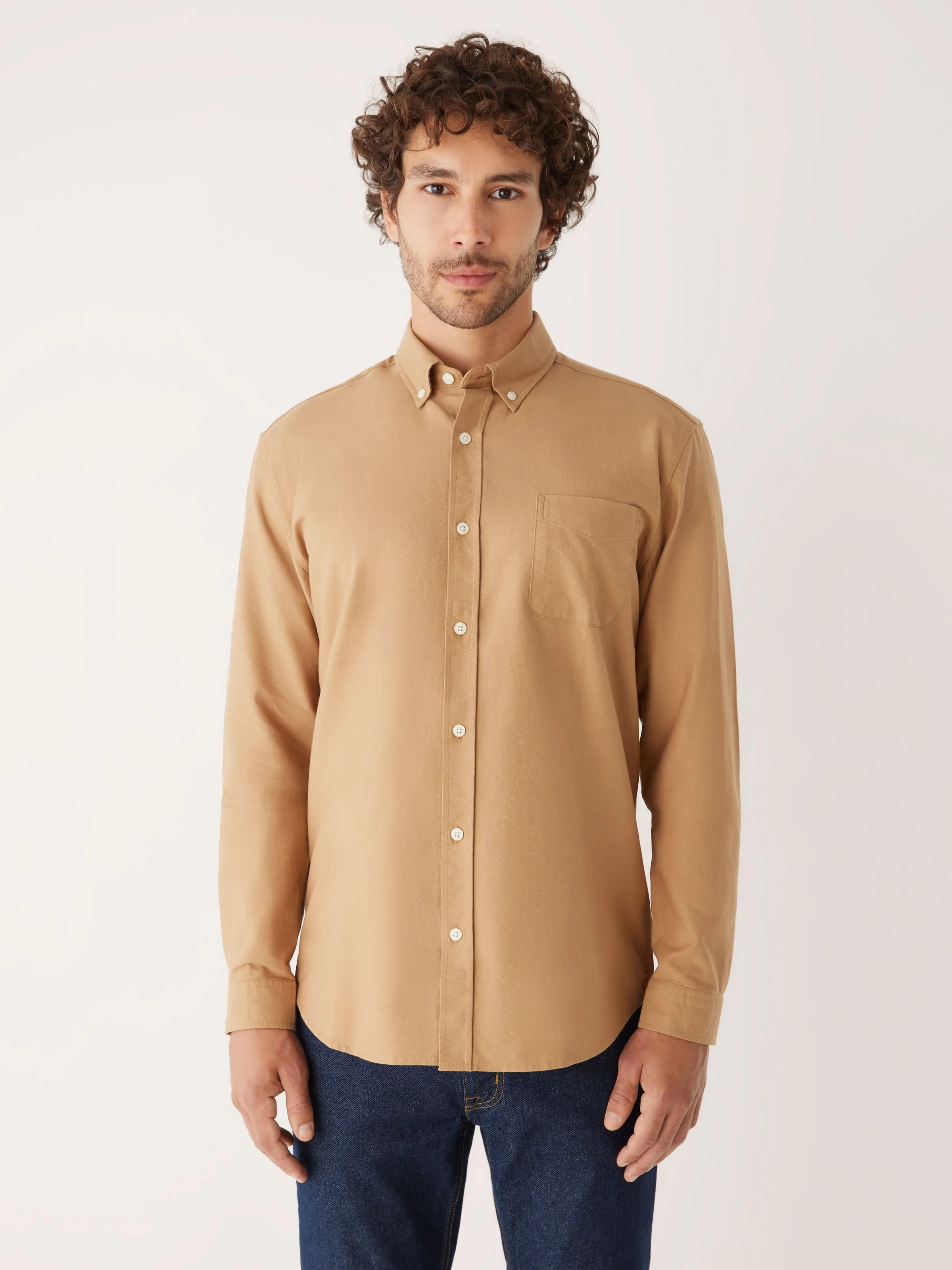 The Jasper Good Cotton Oxford Shirt in Camel sold by Frank & Oak