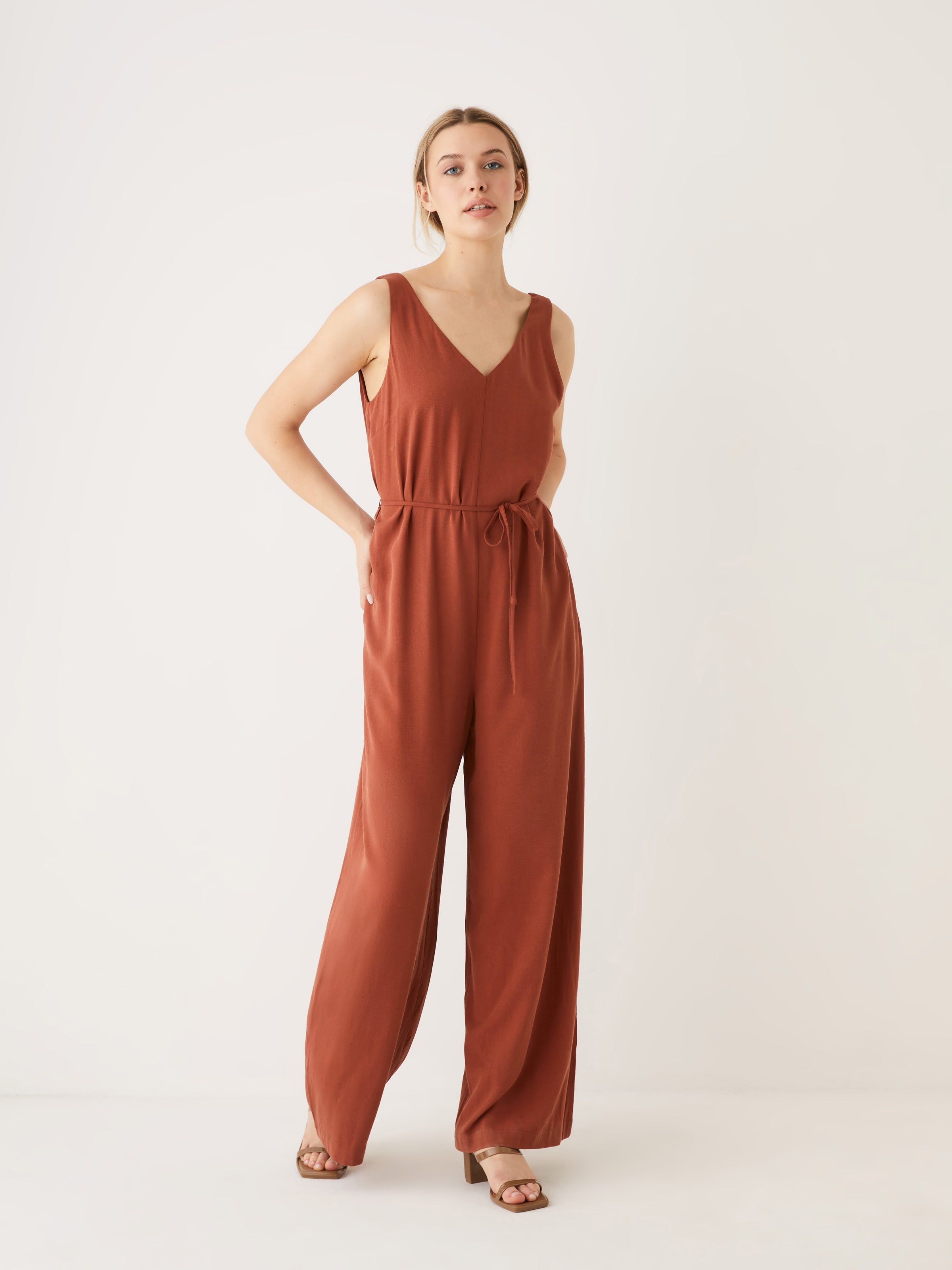 The Wide Leg Jumpsuit in Deep Orange sold by Frank & Oak