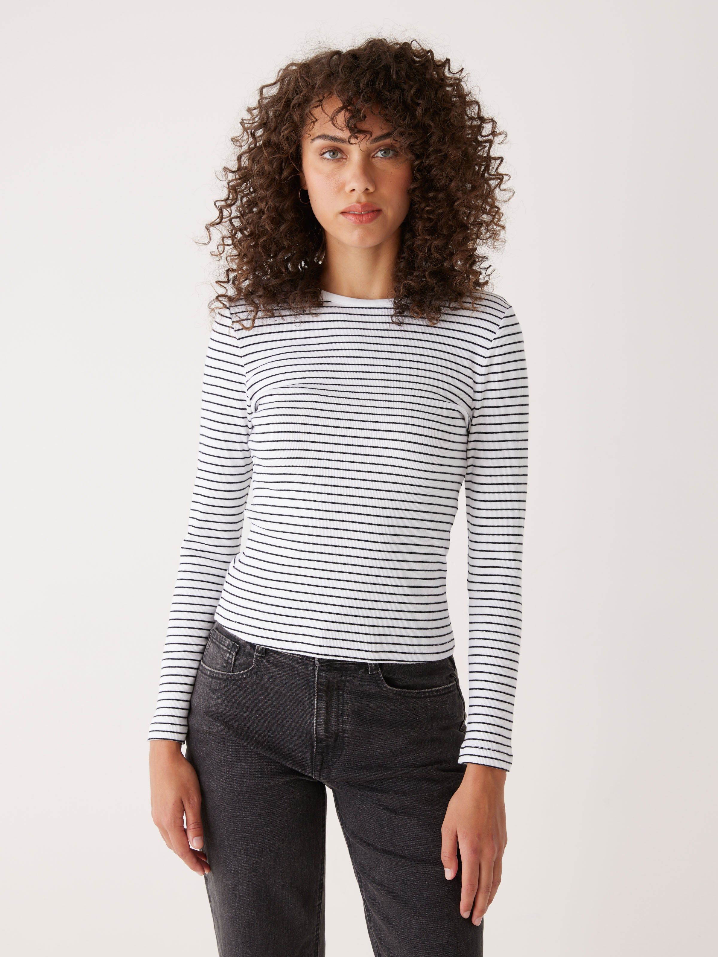 The Striped Long Sleeve Ribbed Top in Black and White sold by Frank & Oak
