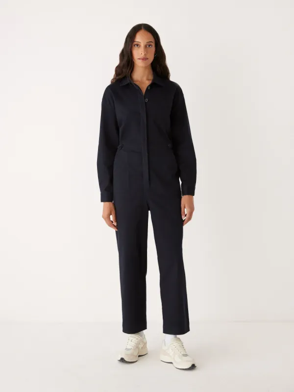 The Organic Cotton Twill Jumpsuit in Dark Blue sold by Frank & Oak