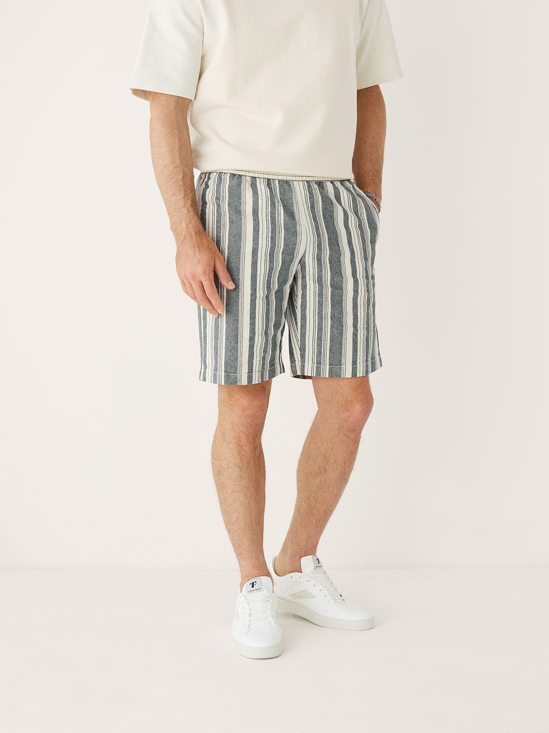 The Striped Linen Pull-On 9in Short in Smoked Green sold by Frank & Oak