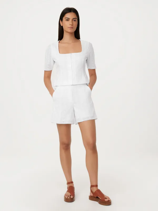 The Embroidered Openwork Top in White sold by Frank & Oak