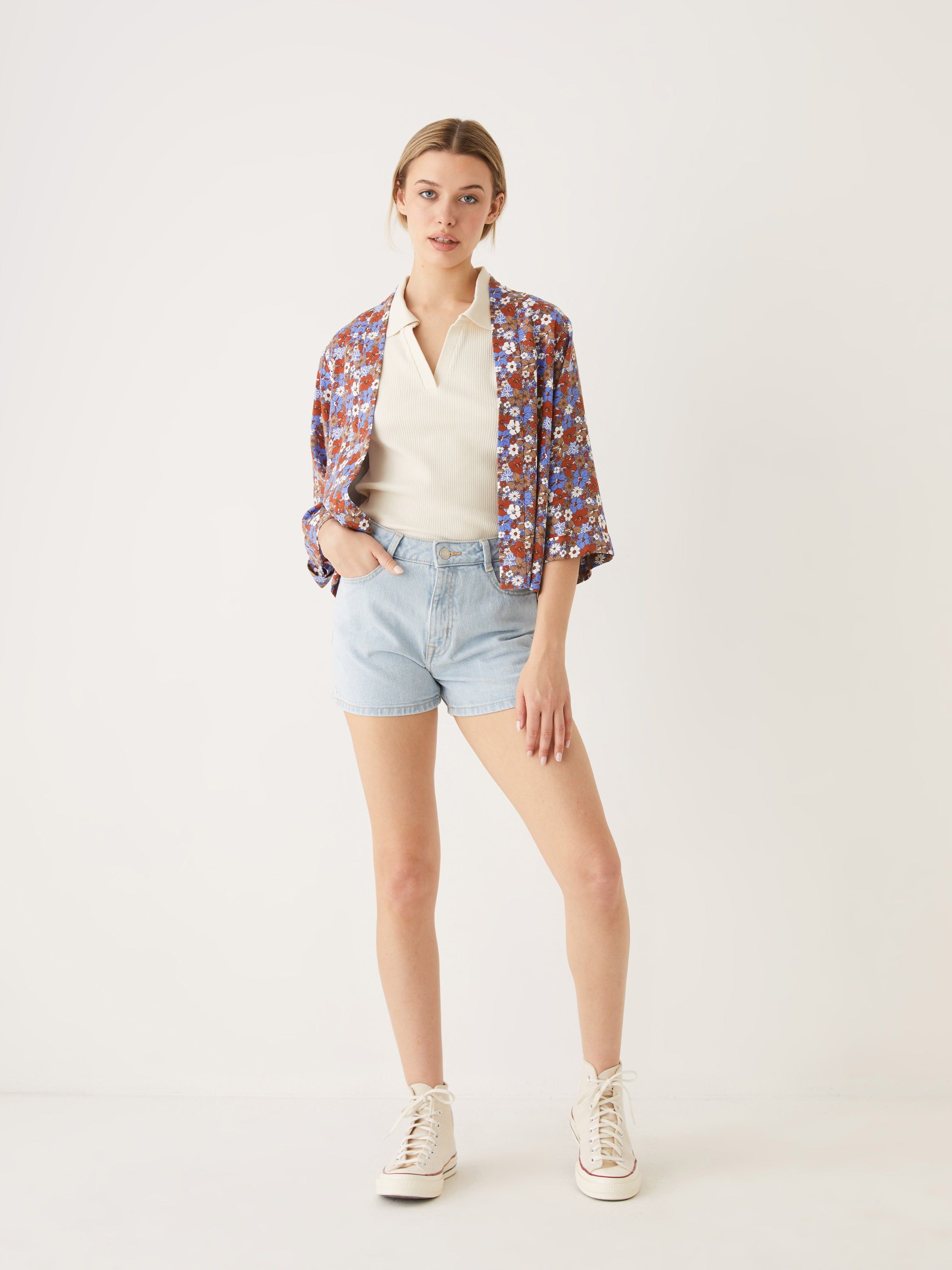 The Cropped Floral Overpiece in Dazzling Blue sold by Frank & Oak