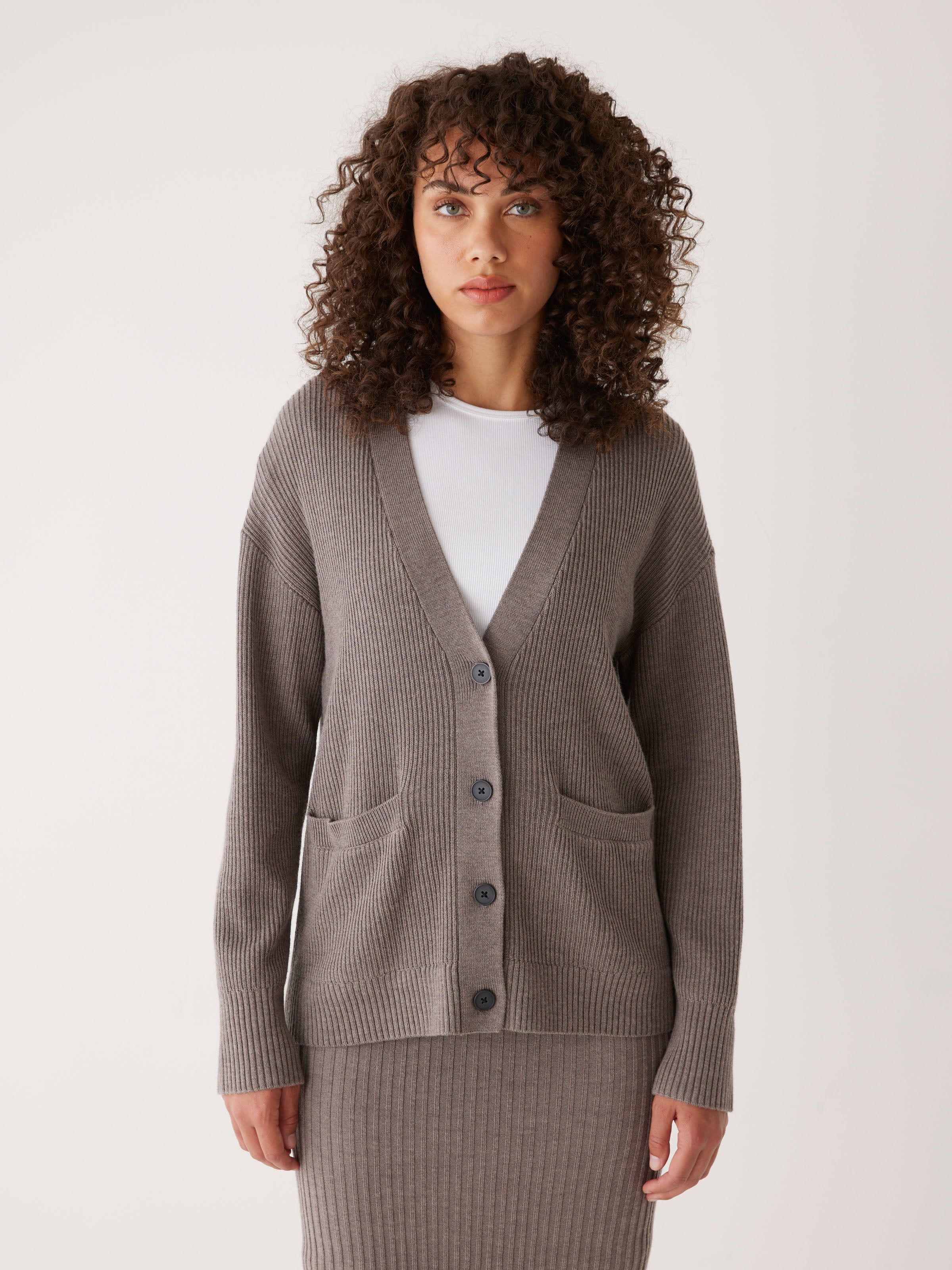 The Merino Cardigan Sweater in Beige Grey sold by Frank & Oak