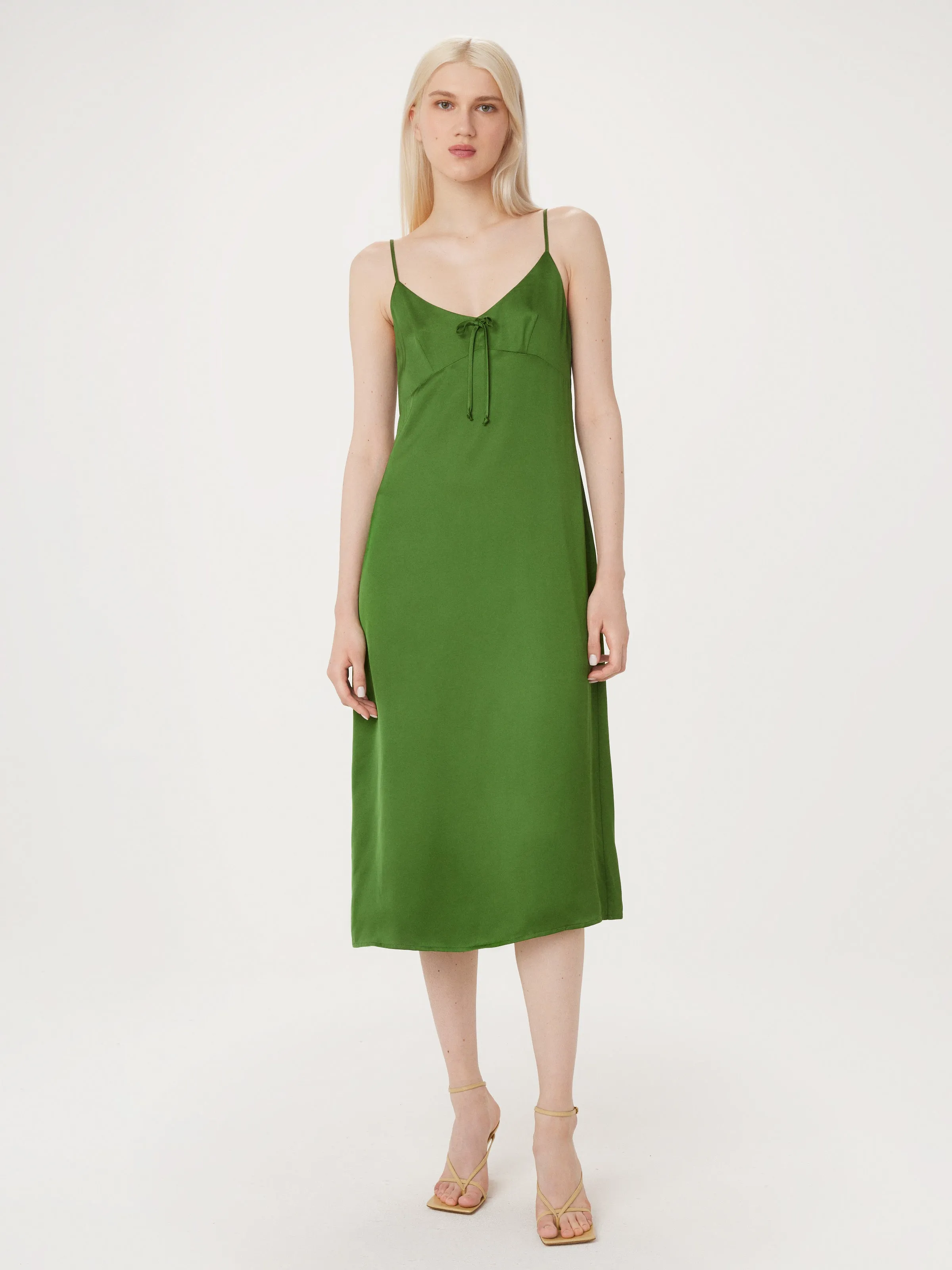 The Satin Slip Dress in Military Green sold by Frank & Oak