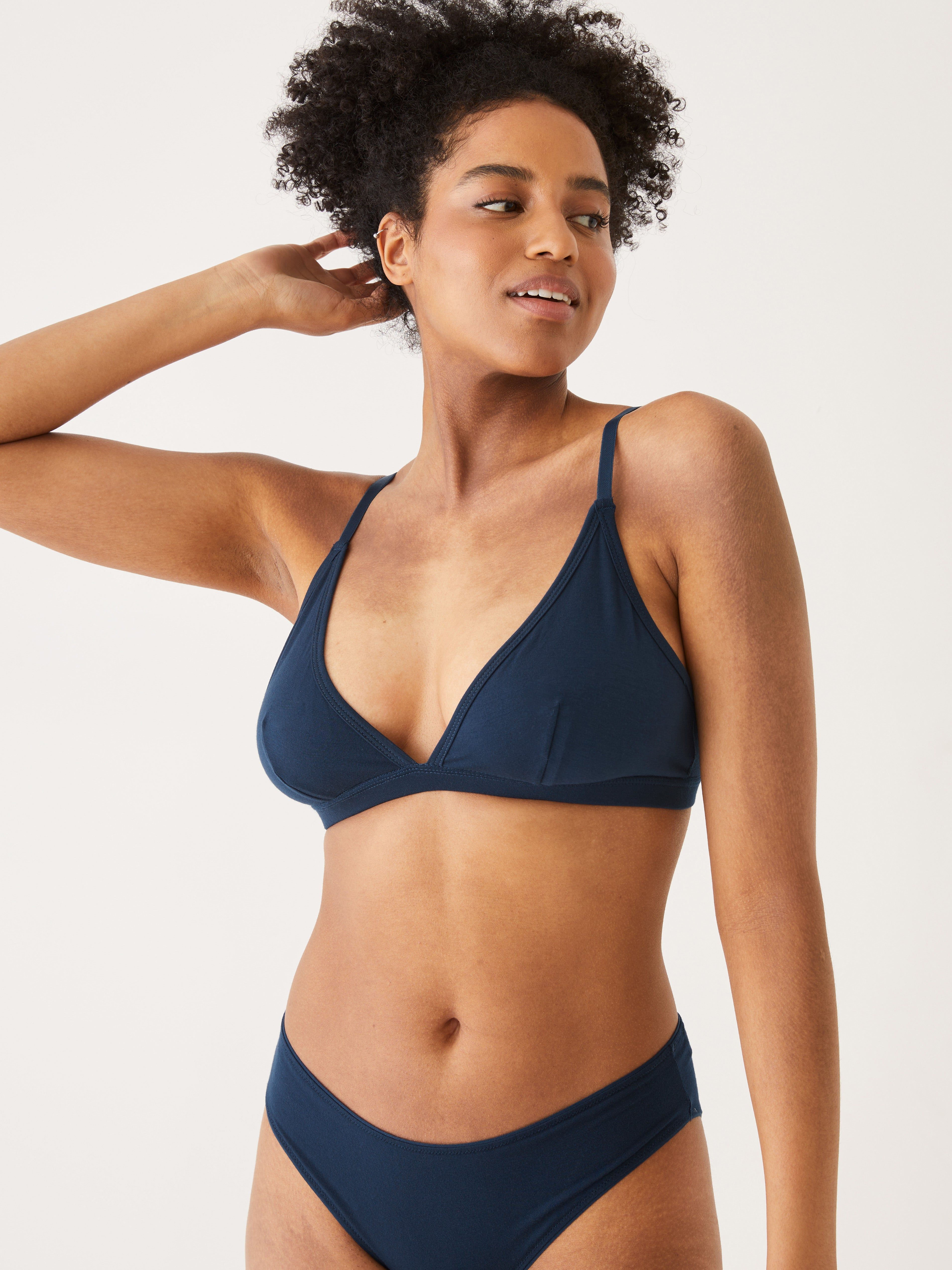 The Fluid Pull-On Triangle Bralette in Dark Blue sold by Frank & Oak