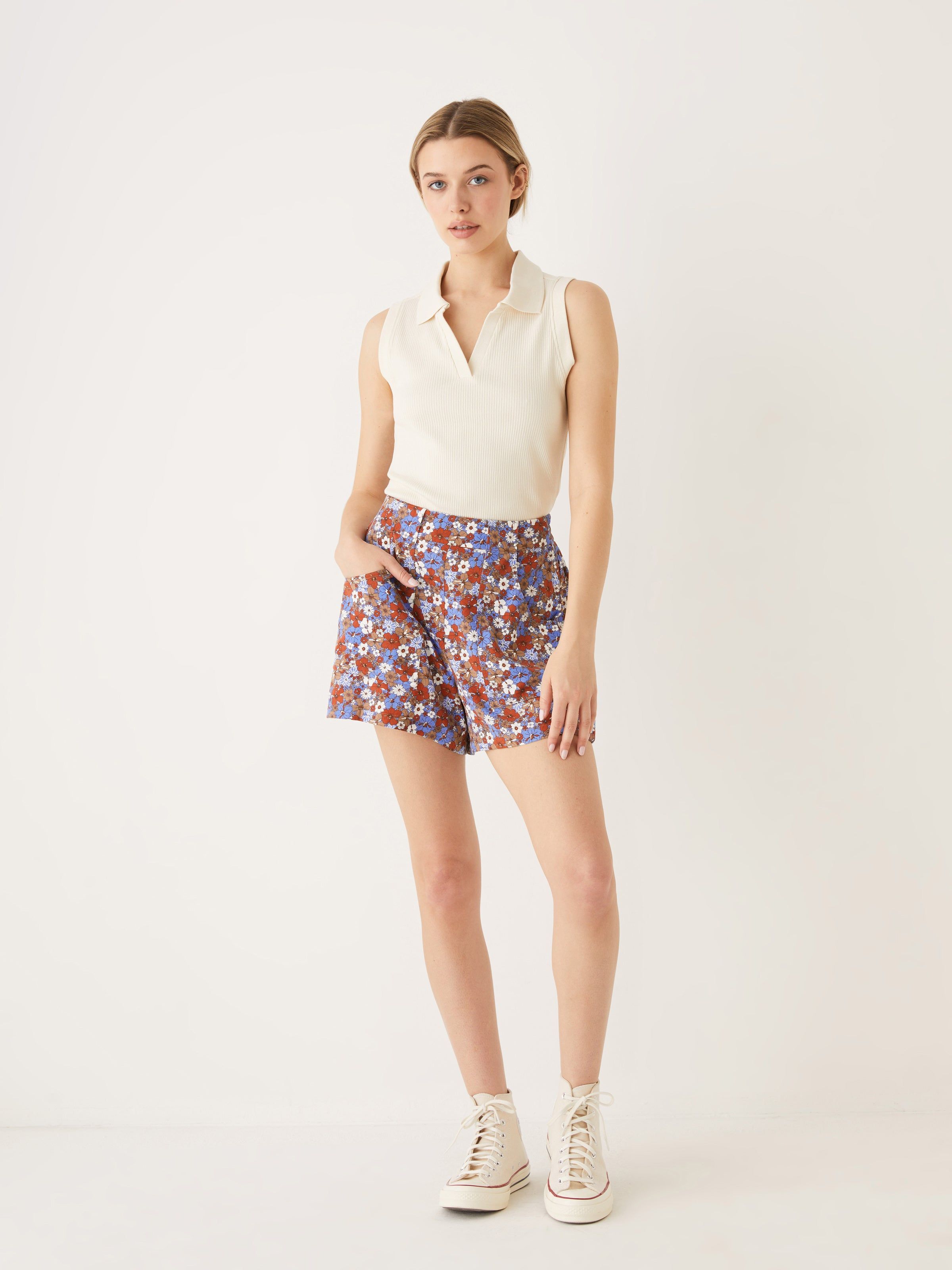The Floral Pull On Short in Dazzling Blue sold by Frank & Oak