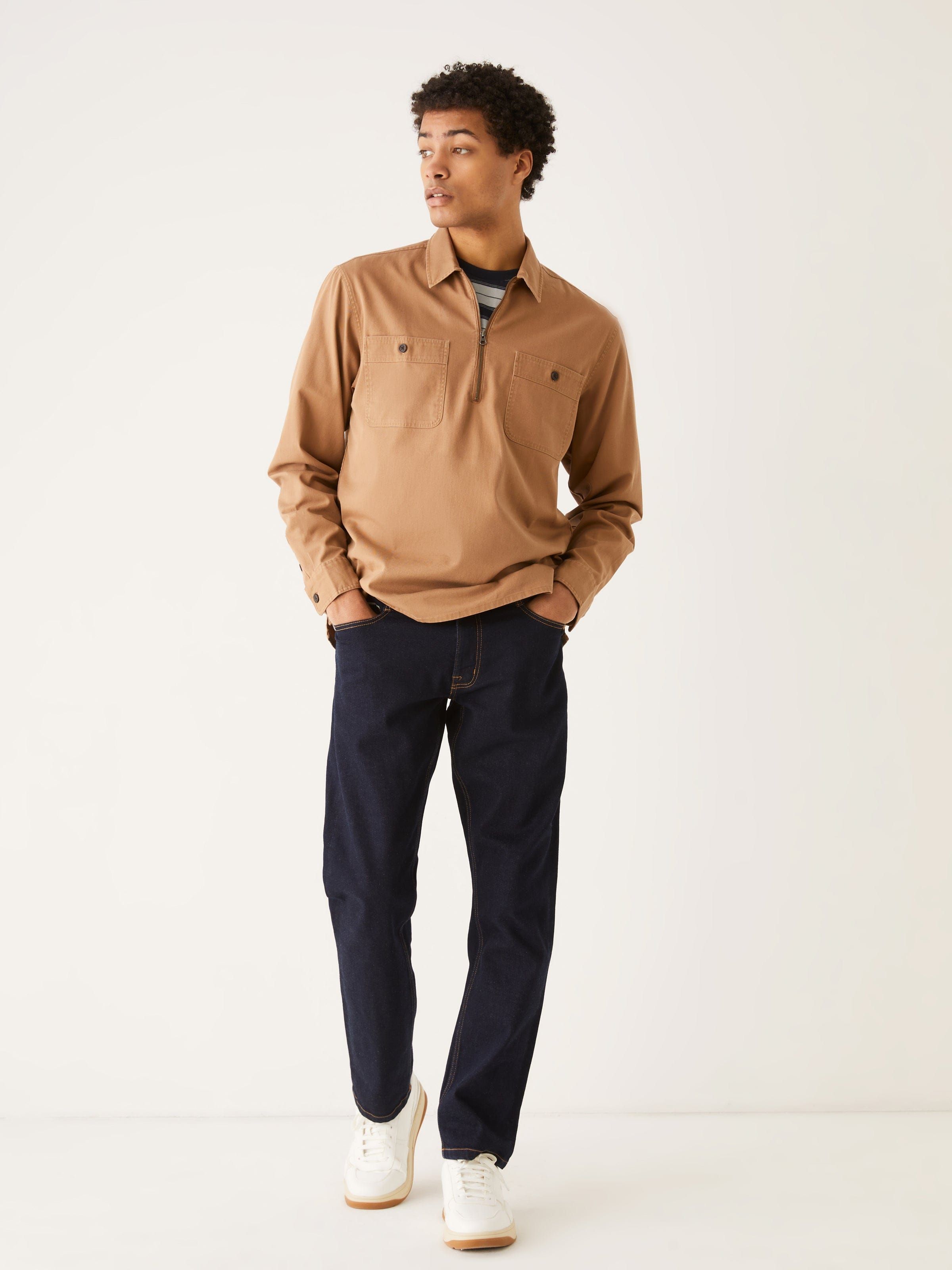 The Half-Zip Twill Popover Overshirt in Amber sold by Frank & Oak