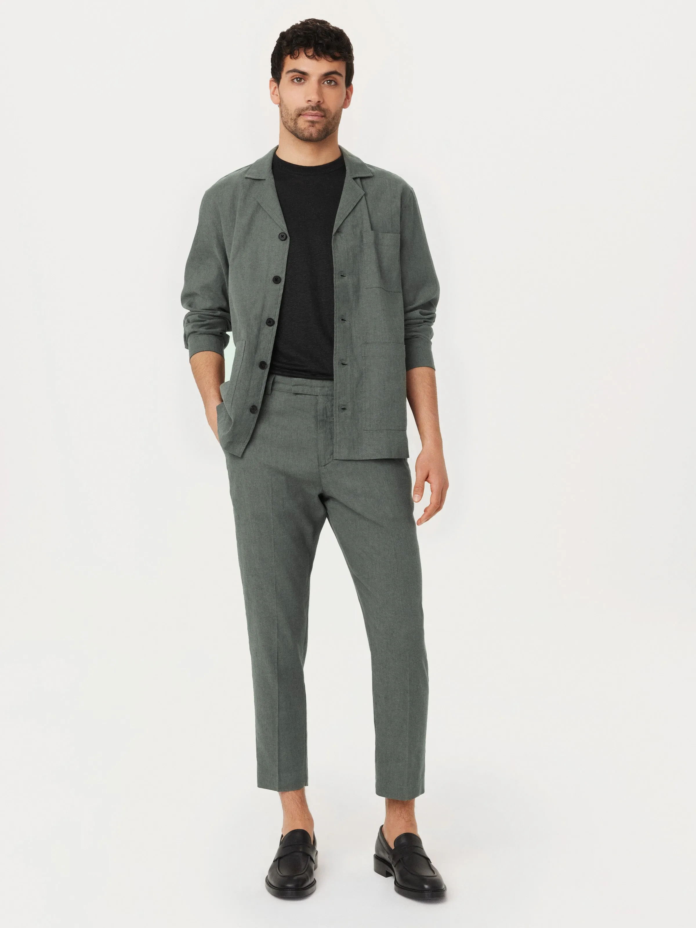 The Colin Tapered Linen Pant in Smoky Green sold by Frank & Oak