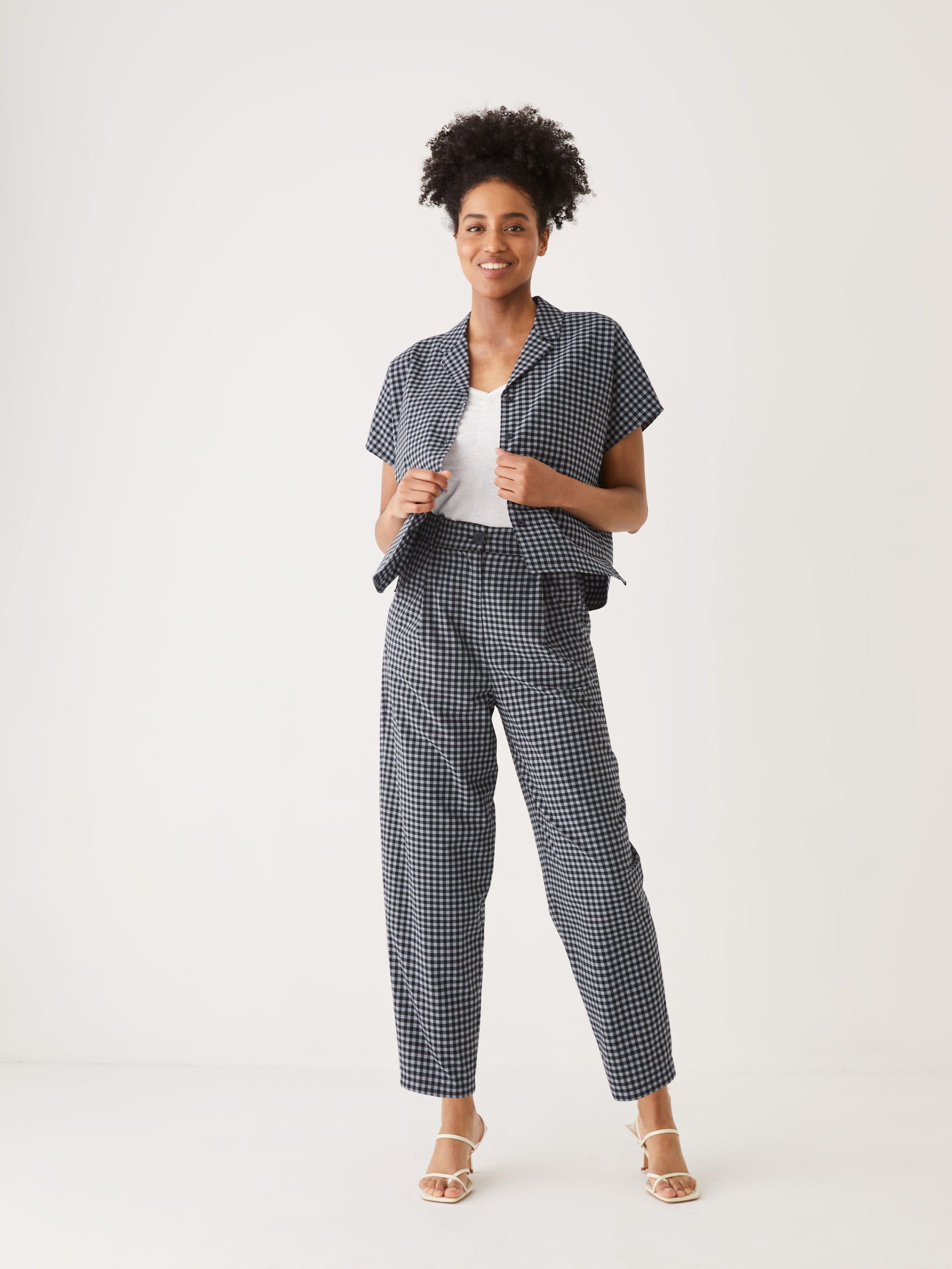 The Gingham Amelia Balloon Fit Pant in Navy sold by Frank & Oak