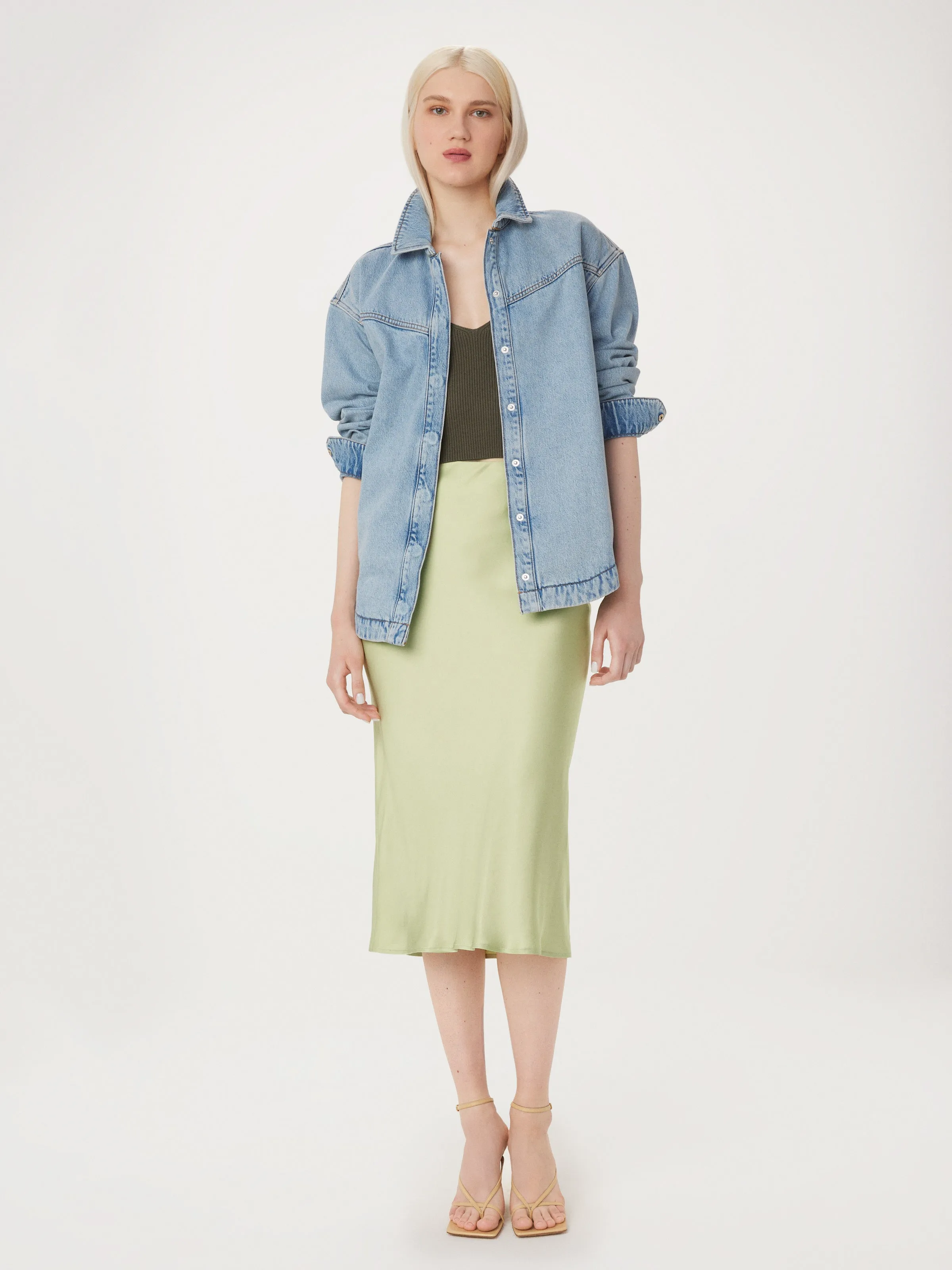 The Satin Maxi Skirt in Lichen sold by Frank & Oak