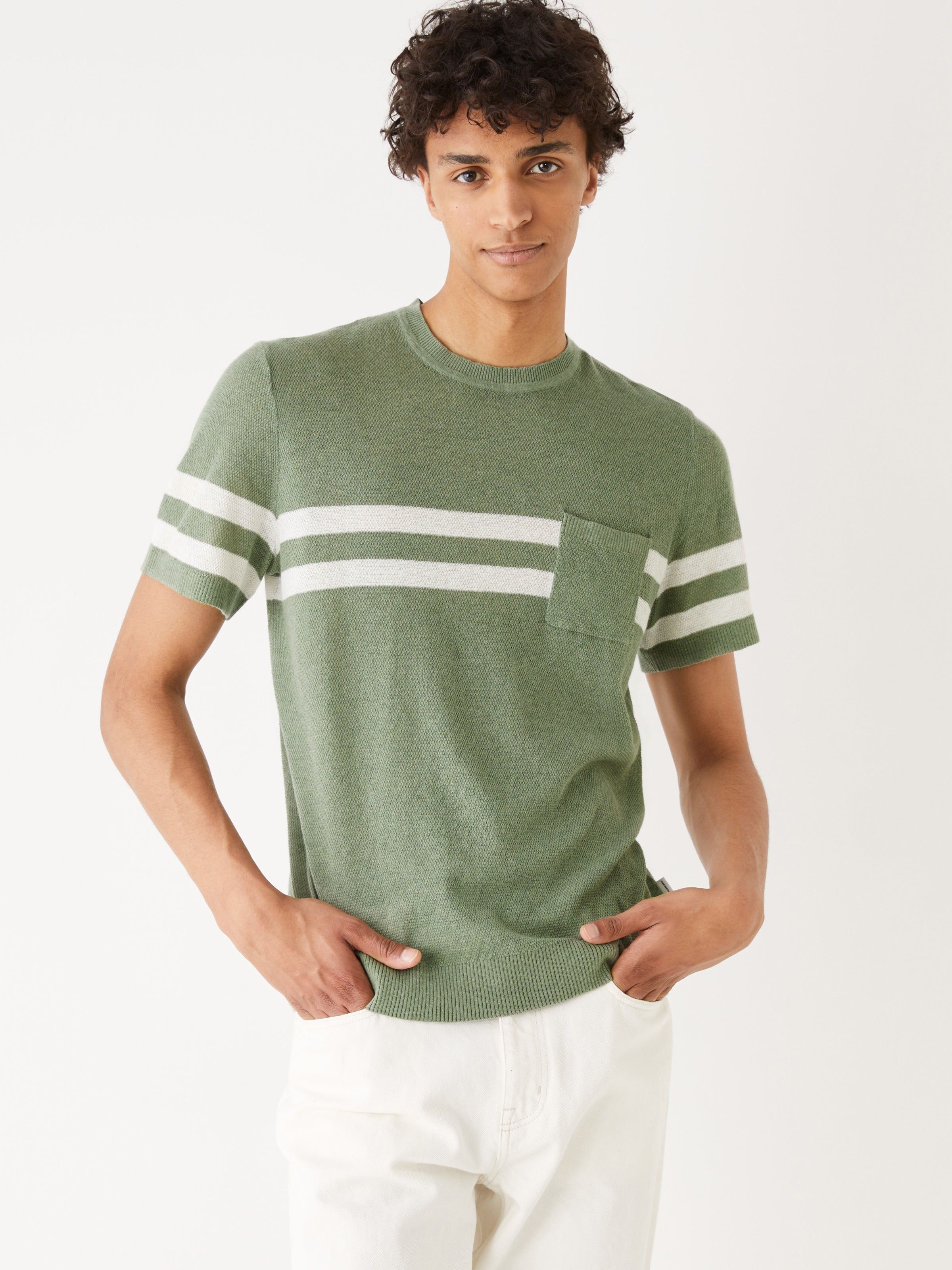 The Striped Linen T-Shirt in Light Green sold by Frank & Oak