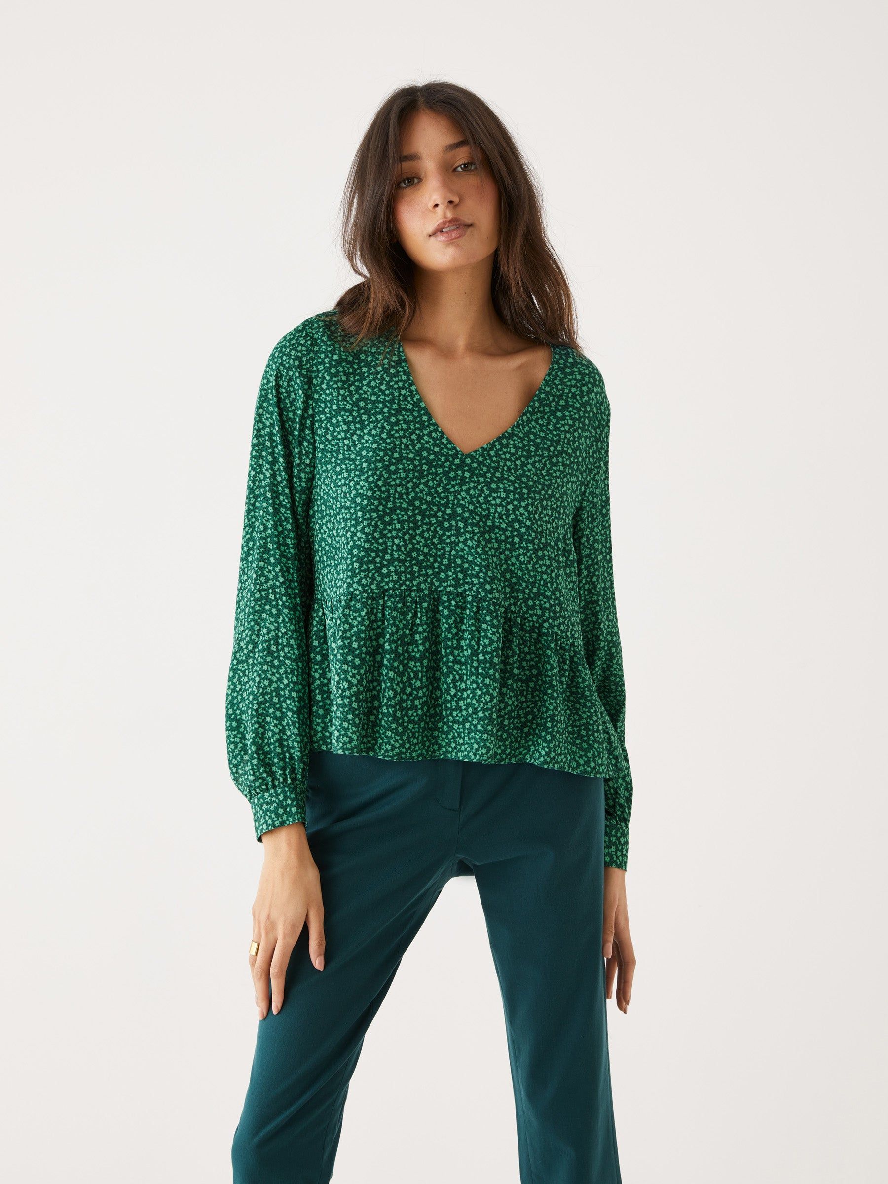 The Floral Chiffon Top in Evergreen sold by Frank & Oak