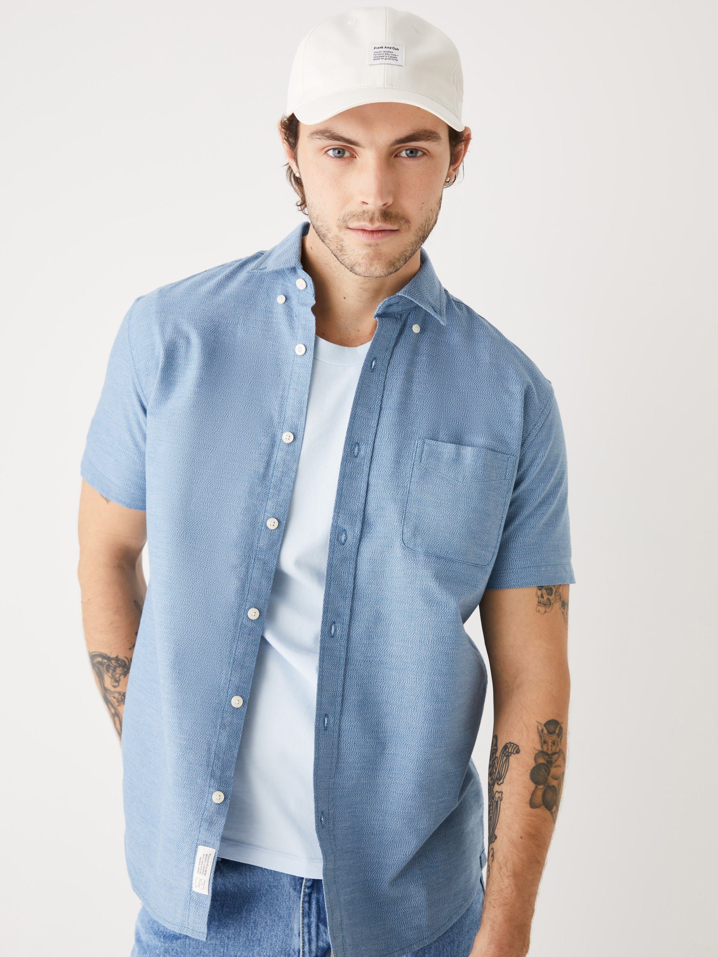 The Short-Sleeved Jasper Oxford Shirt in Dark Blue sold by Frank & Oak