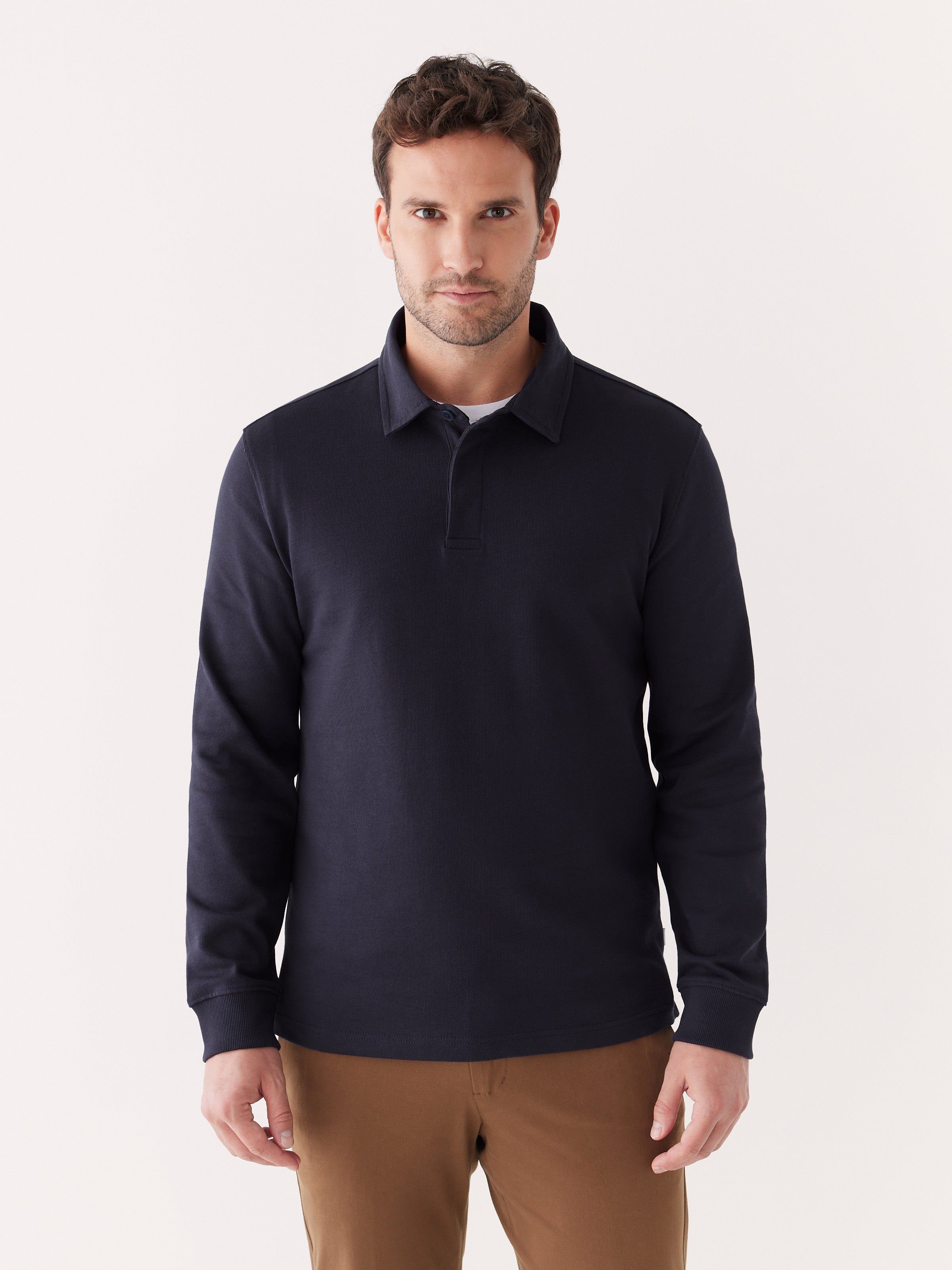 The Long Sleeve Rugby Polo in Night Sky Blue sold by Frank & Oak