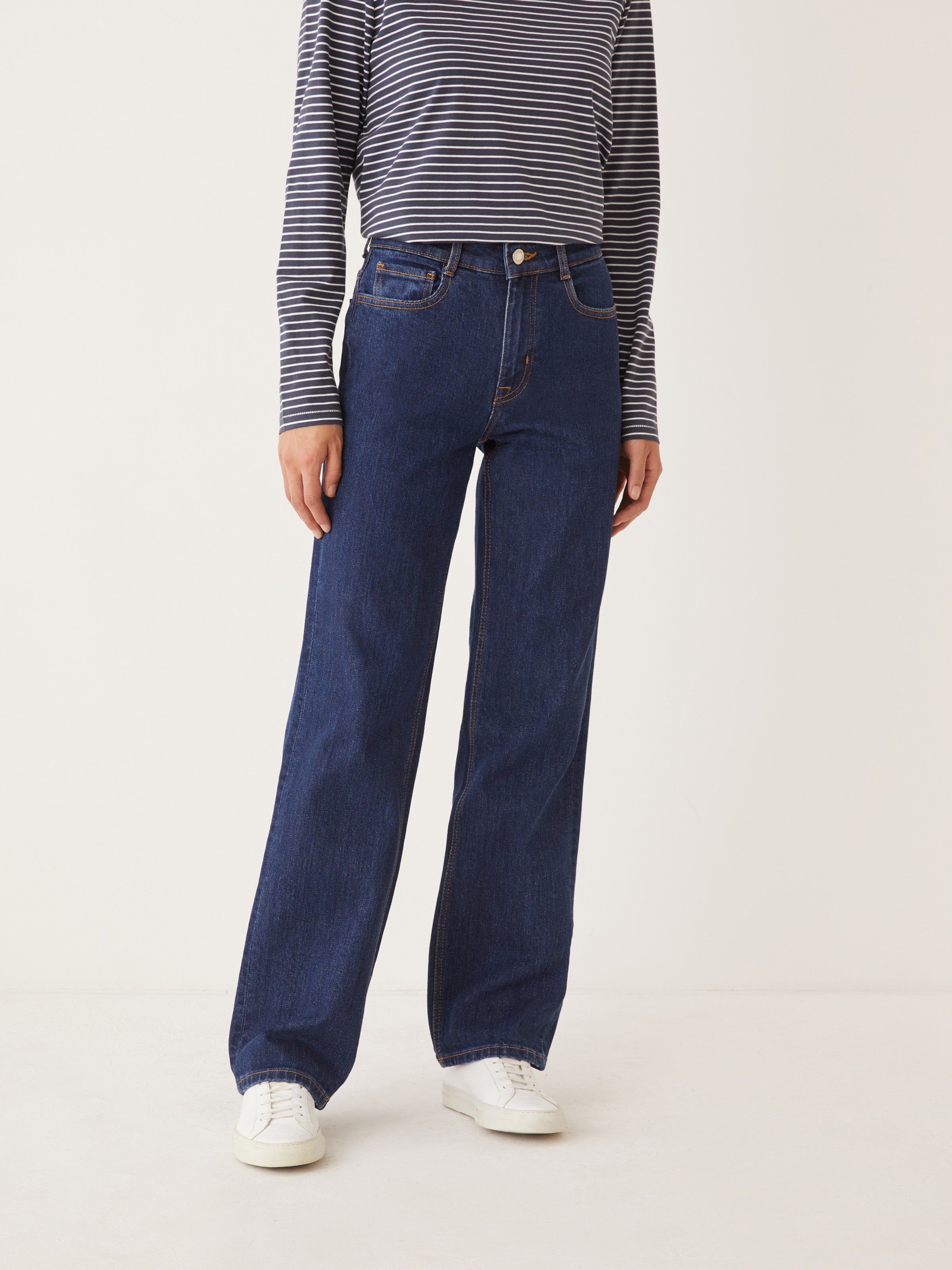 The High Rise Marianne Relaxed Straight Fit Jean in Dark Indigo sold by Frank & Oak