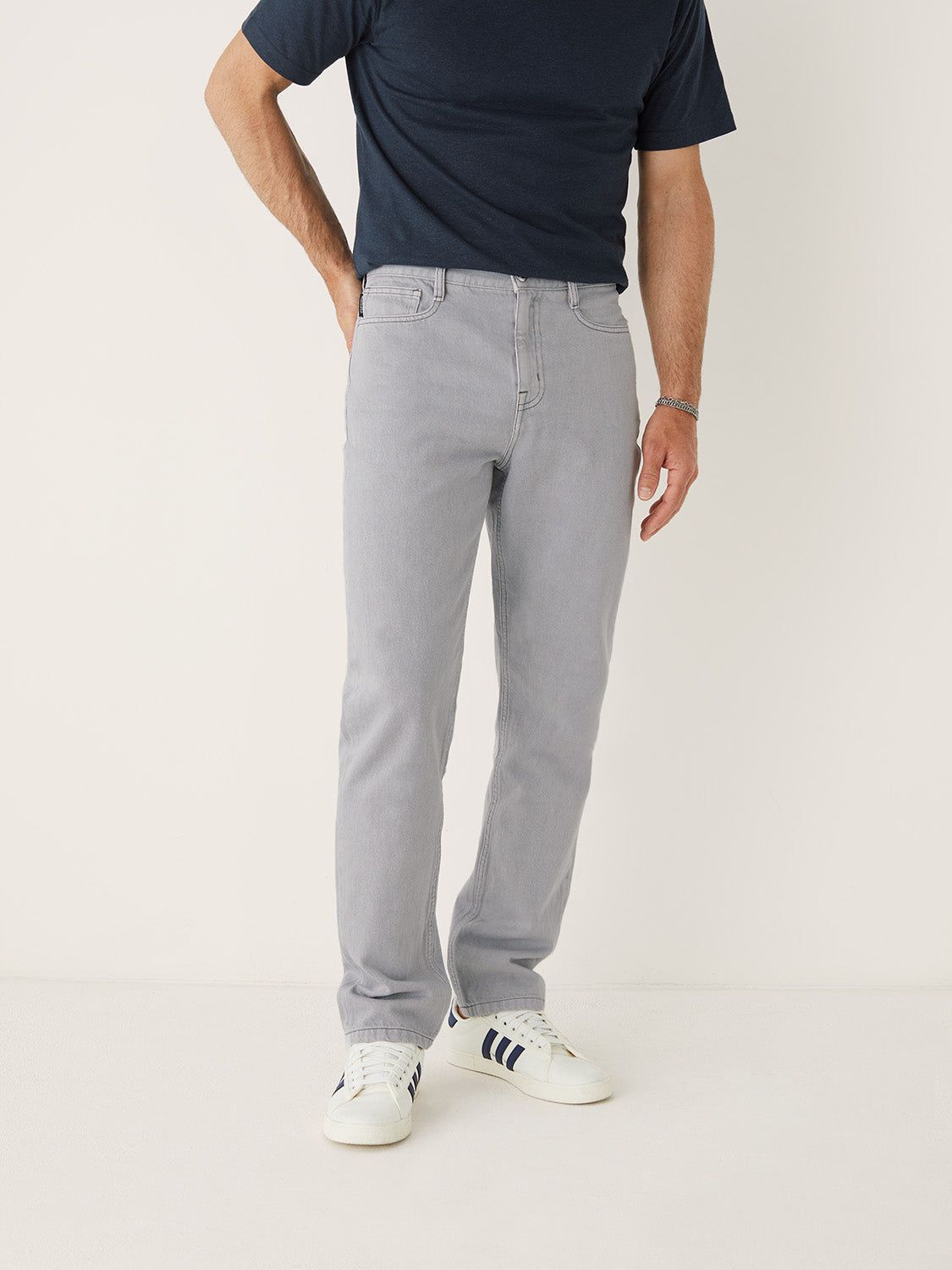 The Adam Slim Fit Hemp Jean in Grey Cloud sold by Frank & Oak