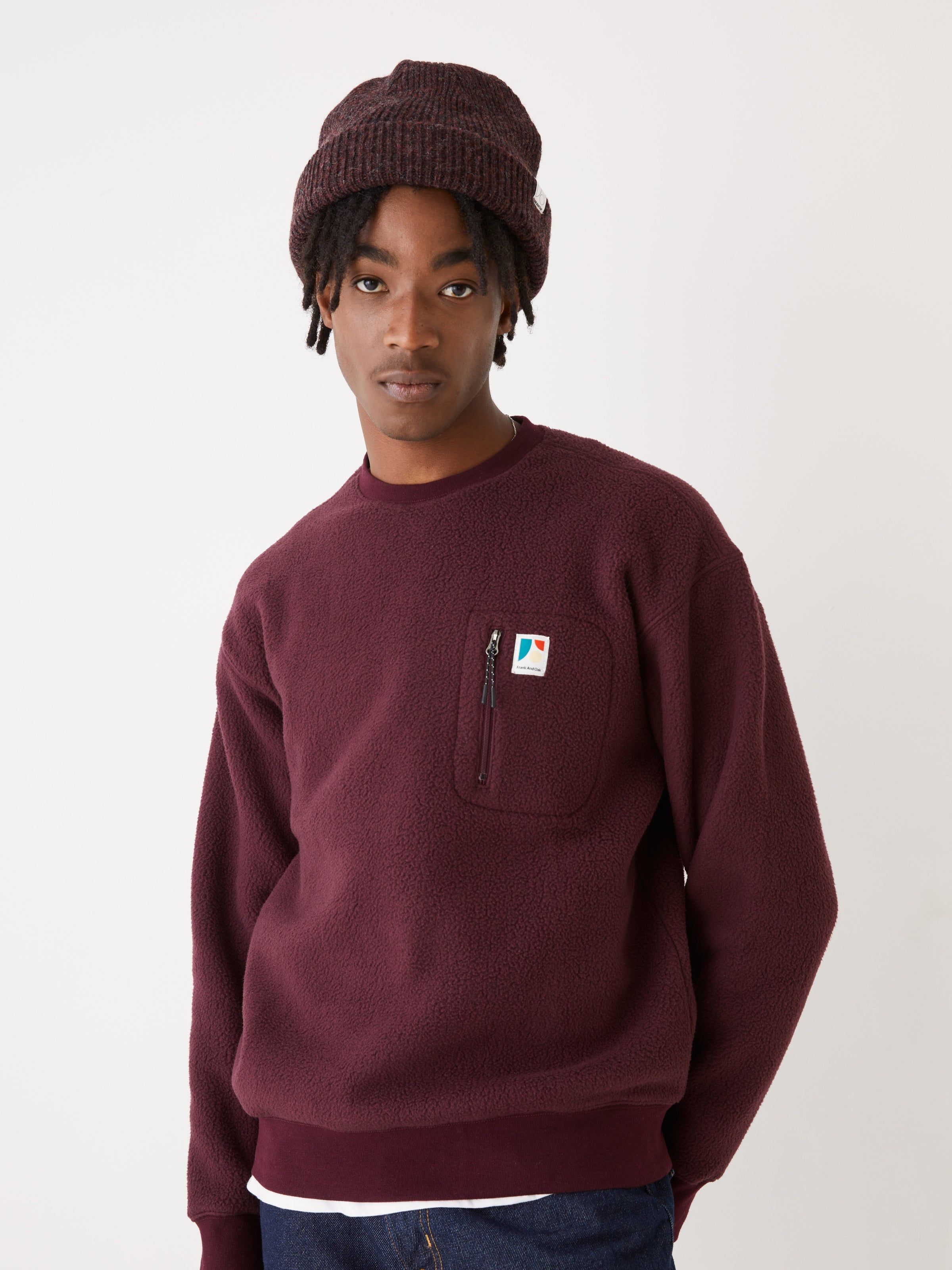 The Polar Fleece Crewneck Sweater in Dark Red sold by Frank & Oak