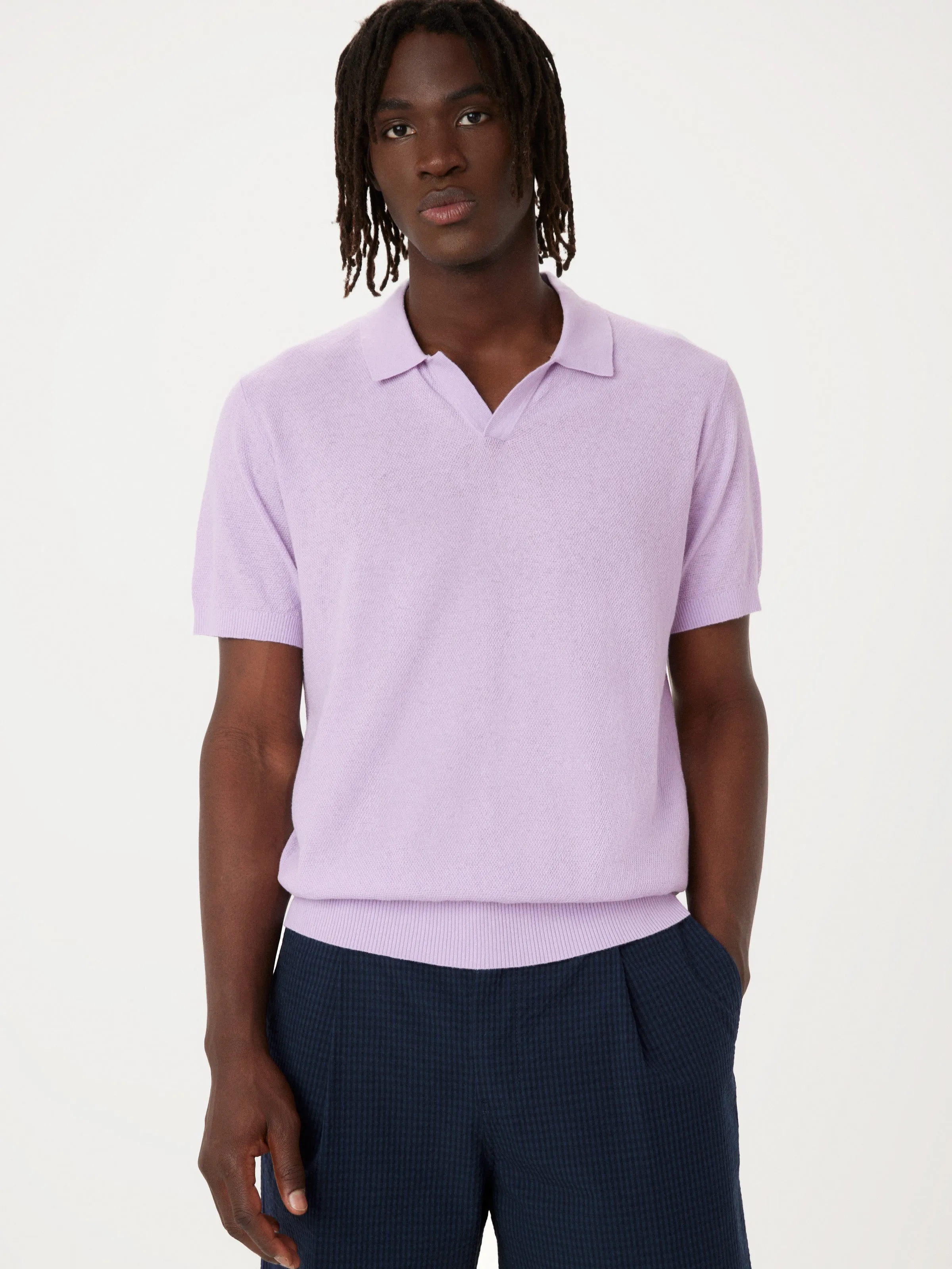 The Short Sleeve Linen Polo in Lilac sold by Frank & Oak