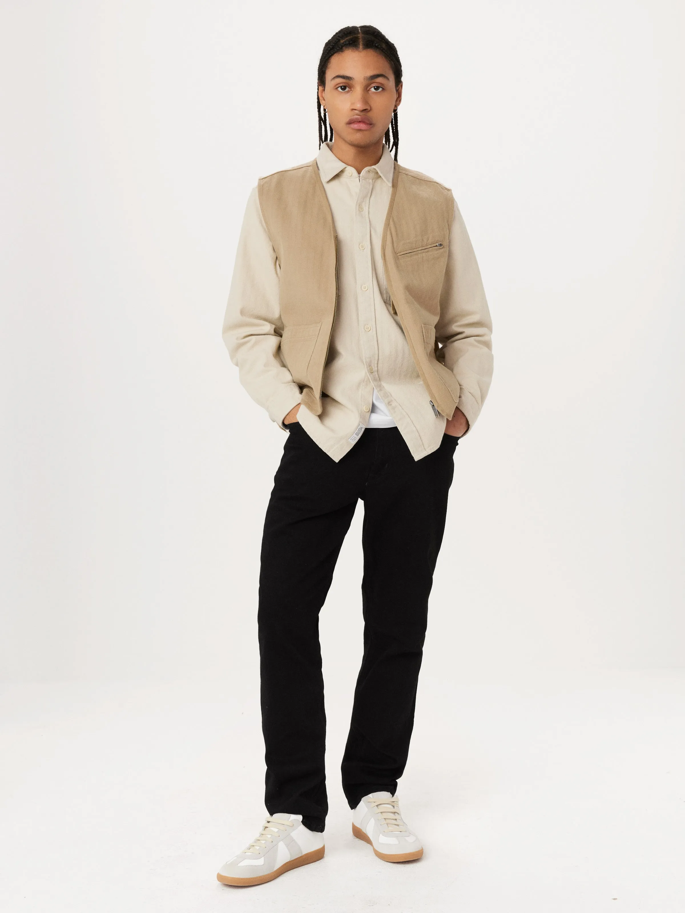 The Worker Vest in Dune sold by Frank & Oak