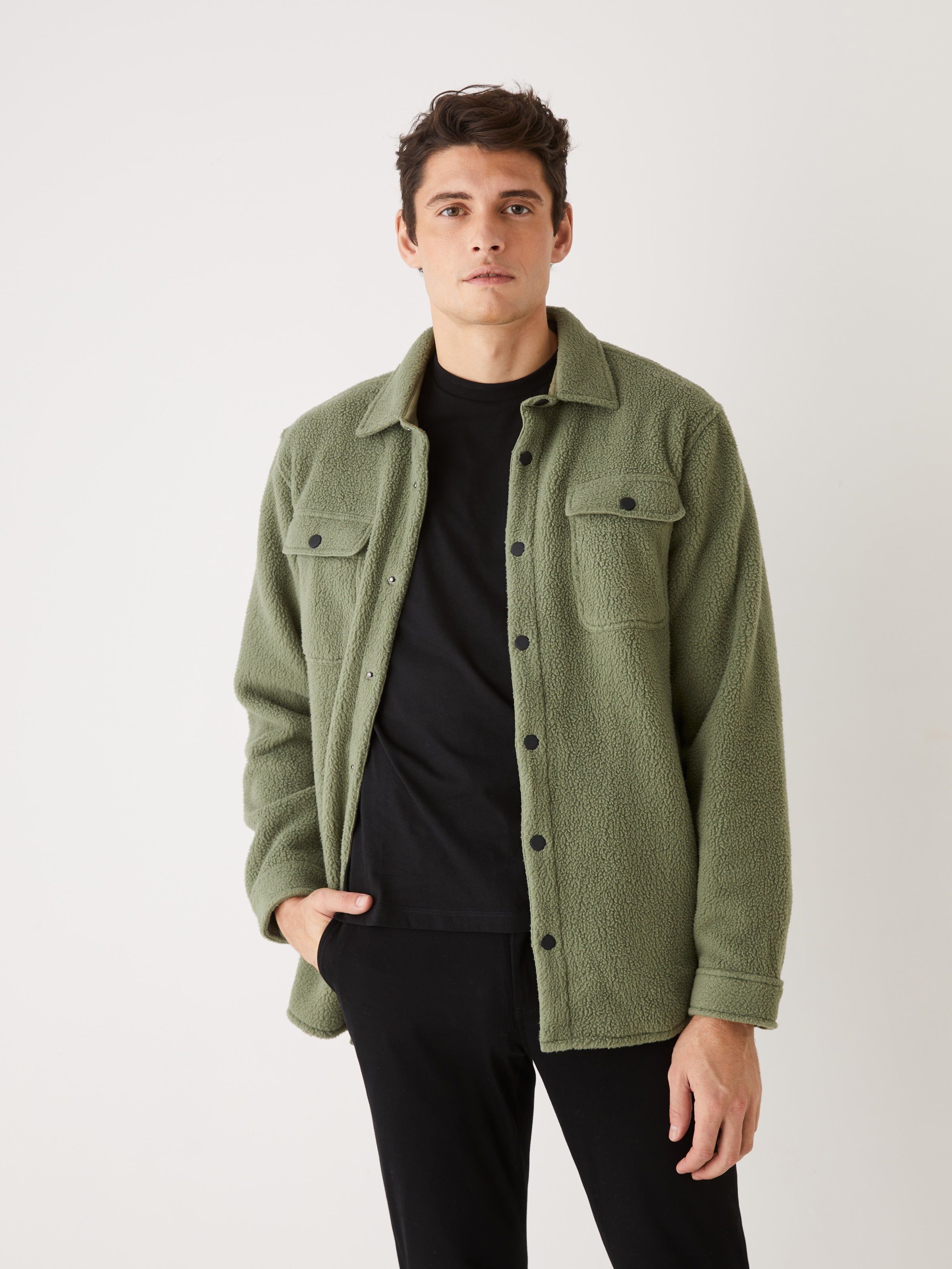 The Polar Fleece Overshirt in Oil Green sold by Frank & Oak