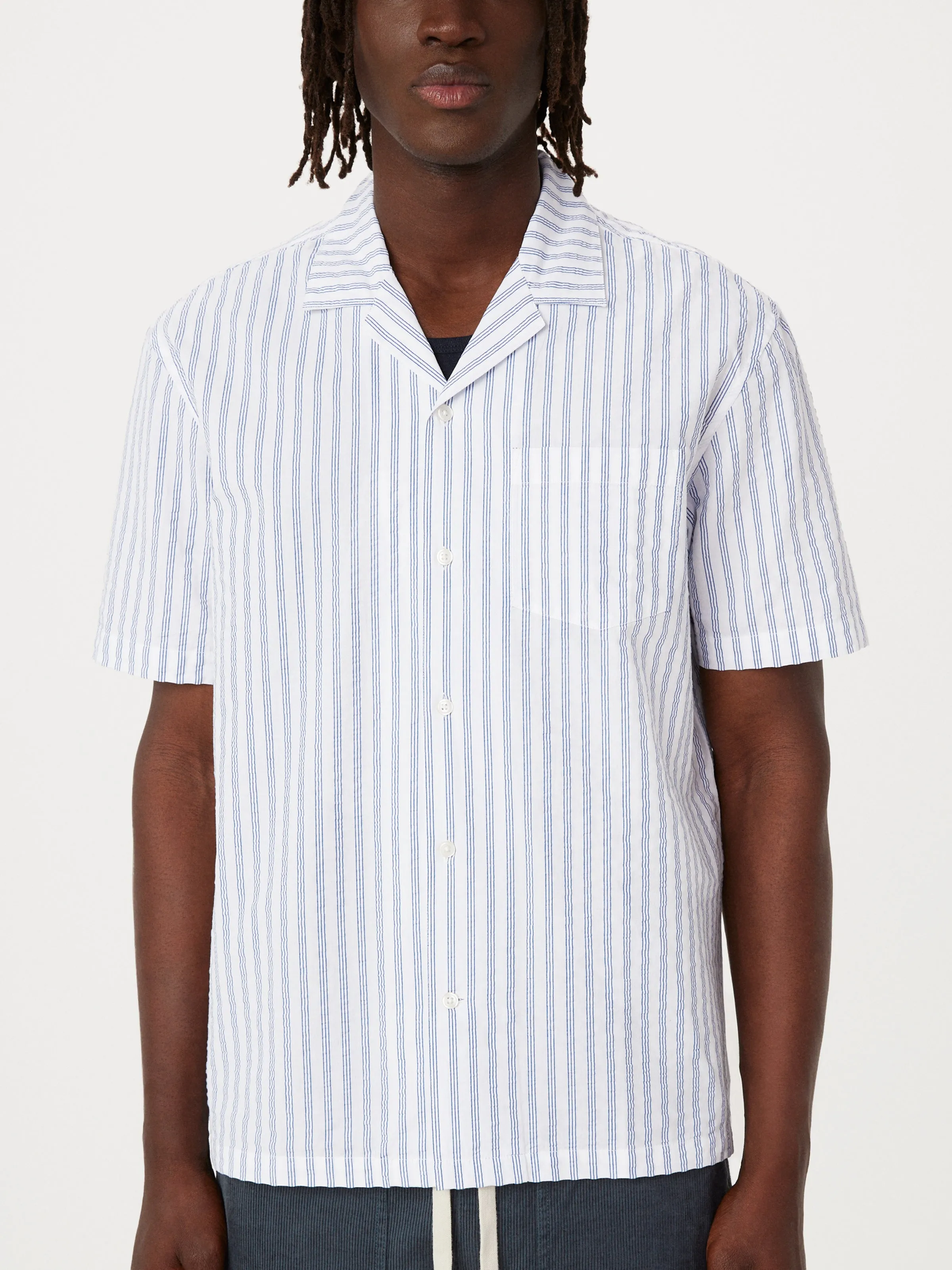 The Seersucker Camp Collar Shirt in Cobalt Blue sold by Frank & Oak product image thumbnail 3