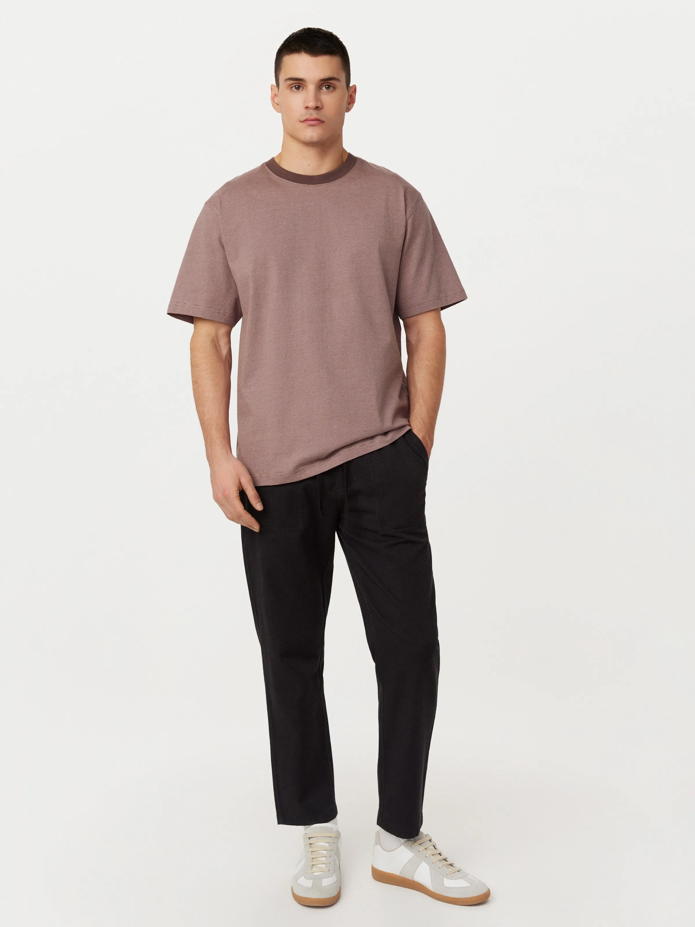The Striped Boxy T-Shirt in Dark Clay sold by Frank & Oak