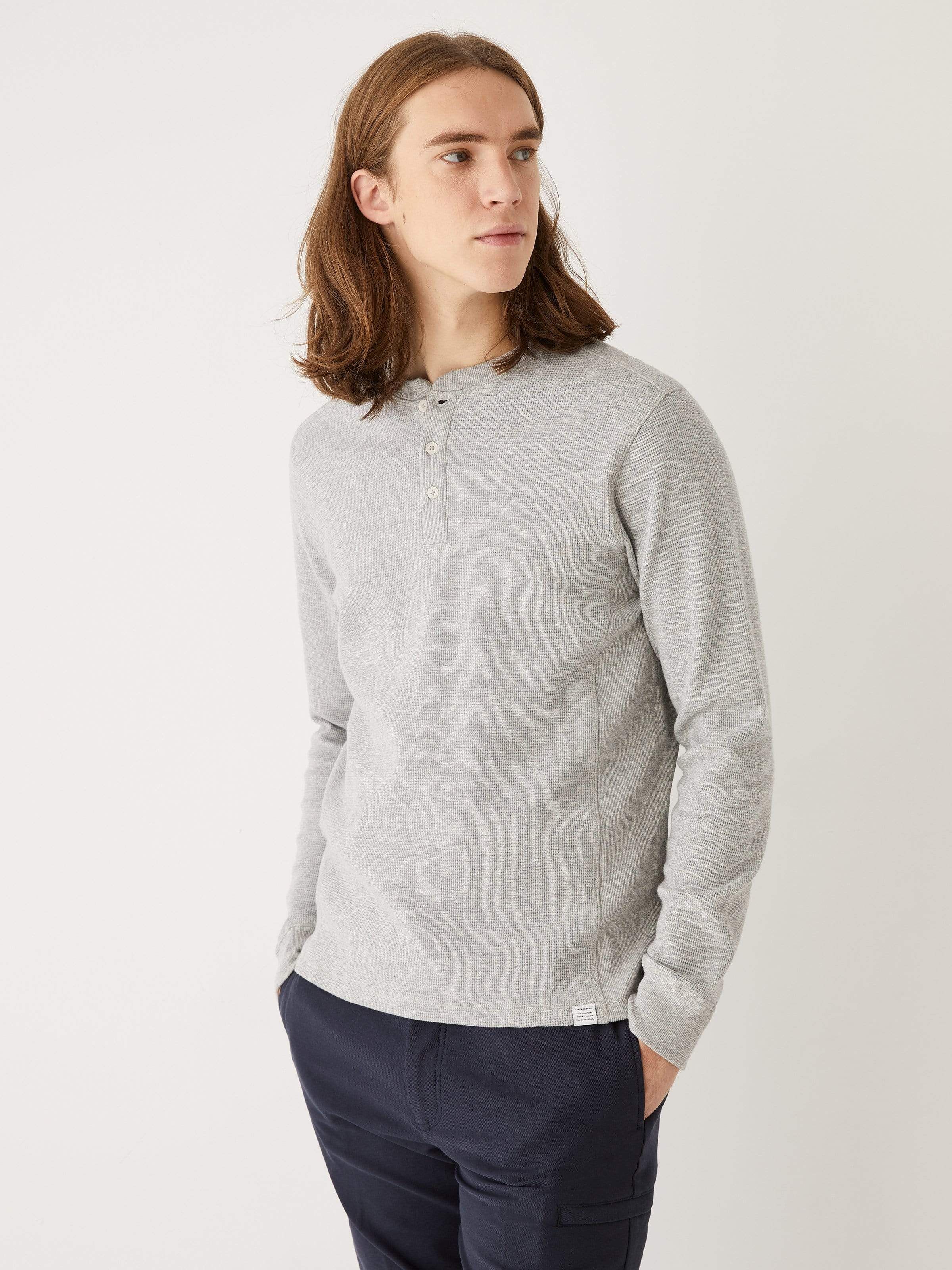 The Long Sleeve Waffle Henley Shirt in Vintage Grey sold by Frank & Oak