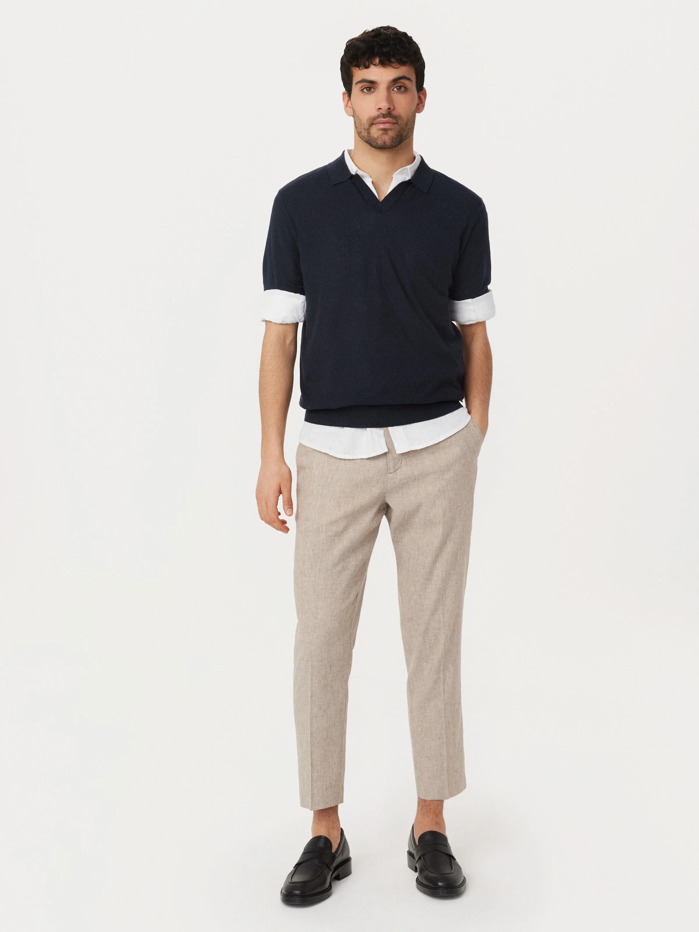 The Short Sleeve Linen Polo in Navy sold by Frank & Oak
