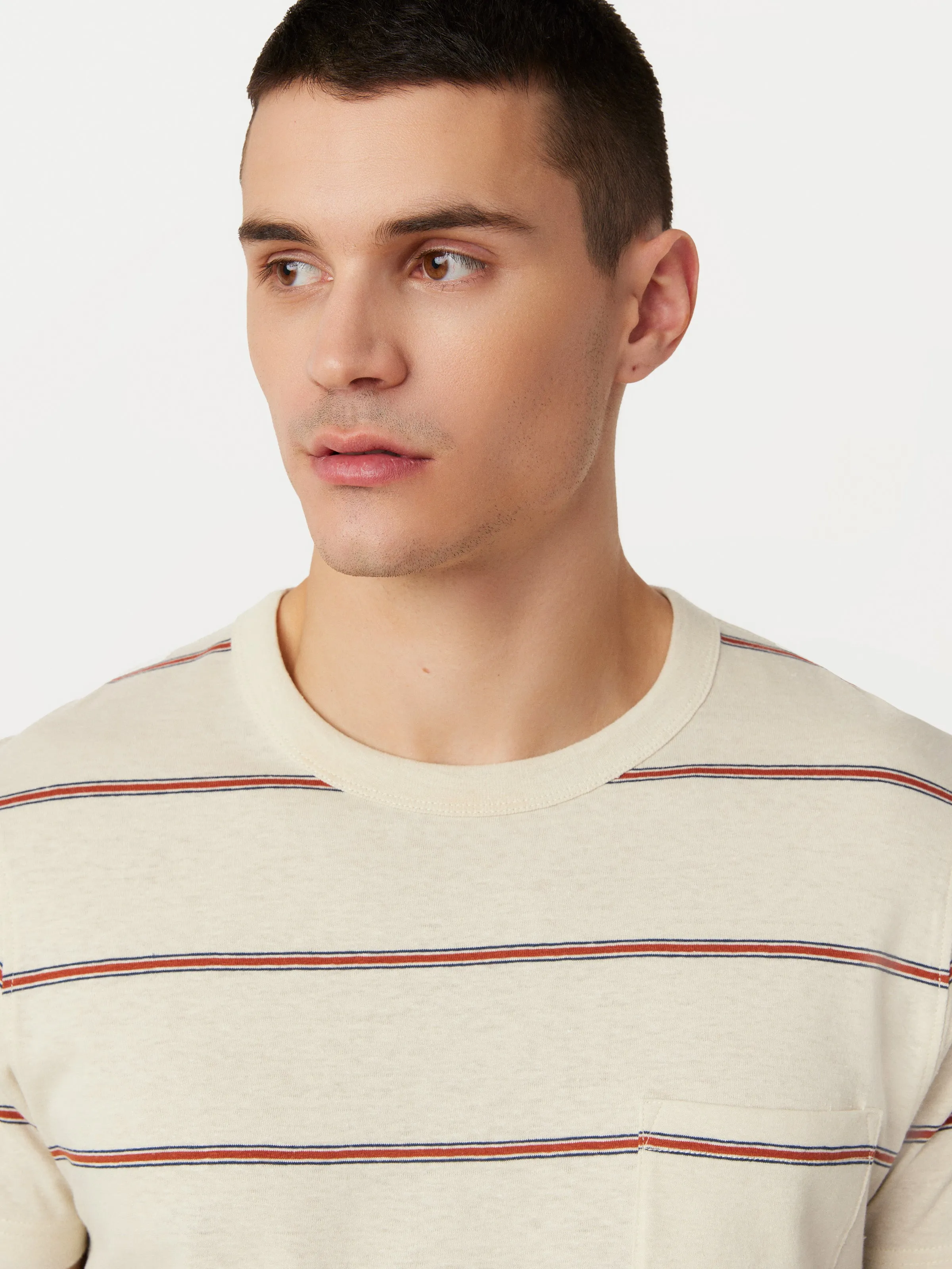 The Striped Slim Hemp T-Shirt in Oatmeal sold by Frank & Oak