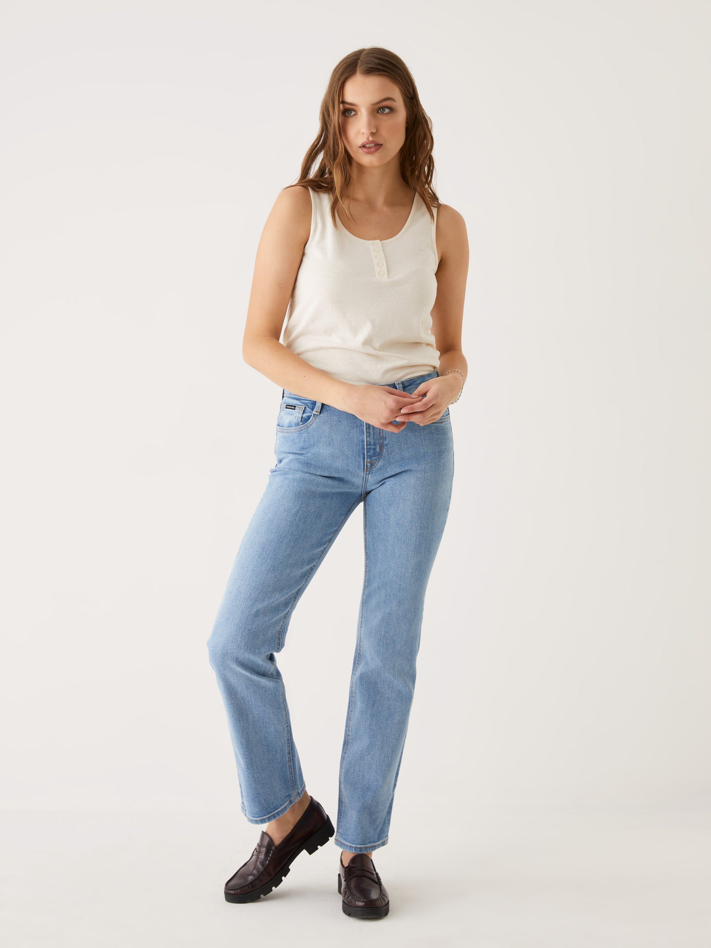 The Mid Rise Joan Straight Fit Jean in Light Indigo sold by Frank & Oak