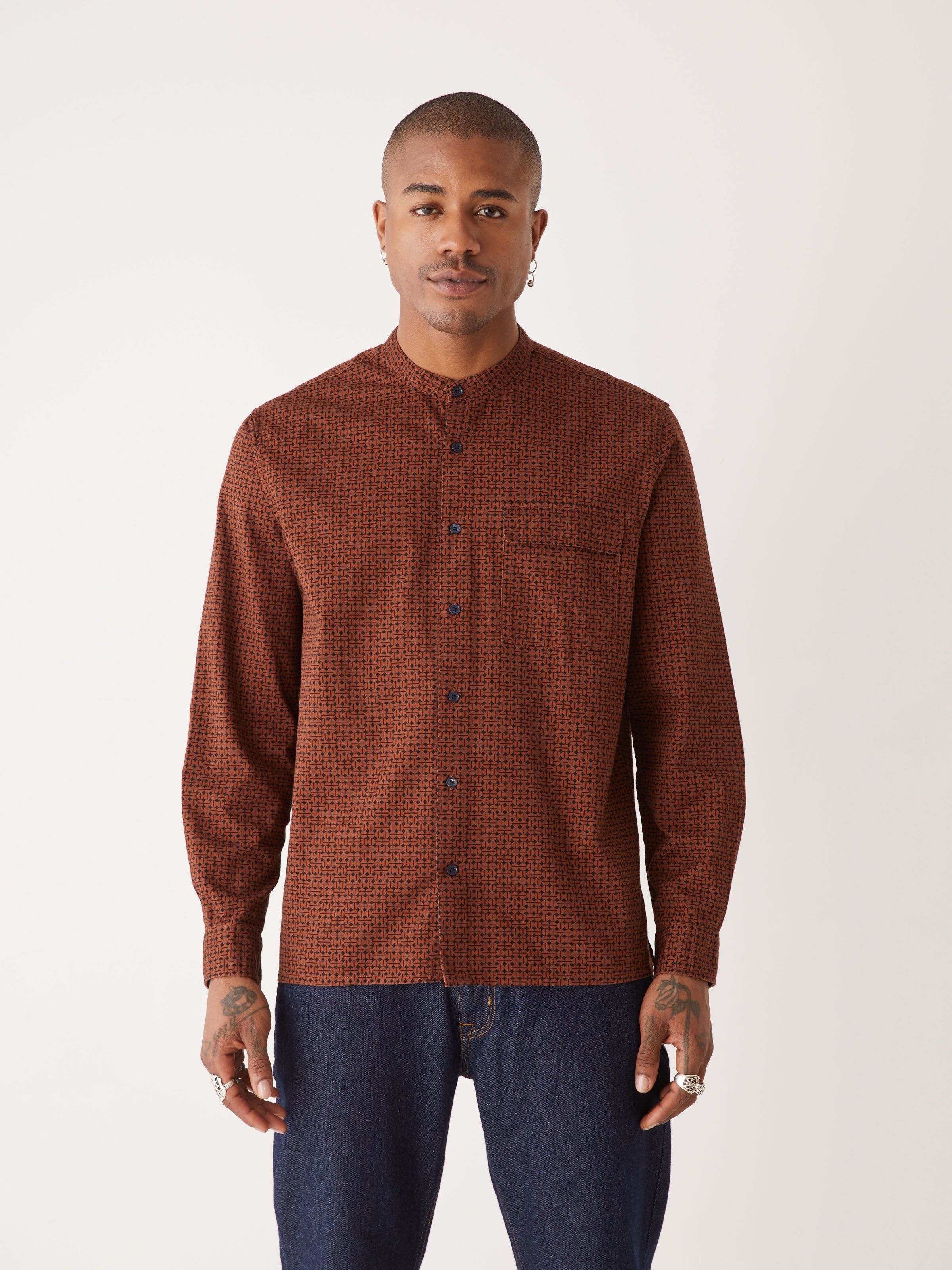The Printed Band Collar Shirt in Tortoise Brown sold by Frank & Oak