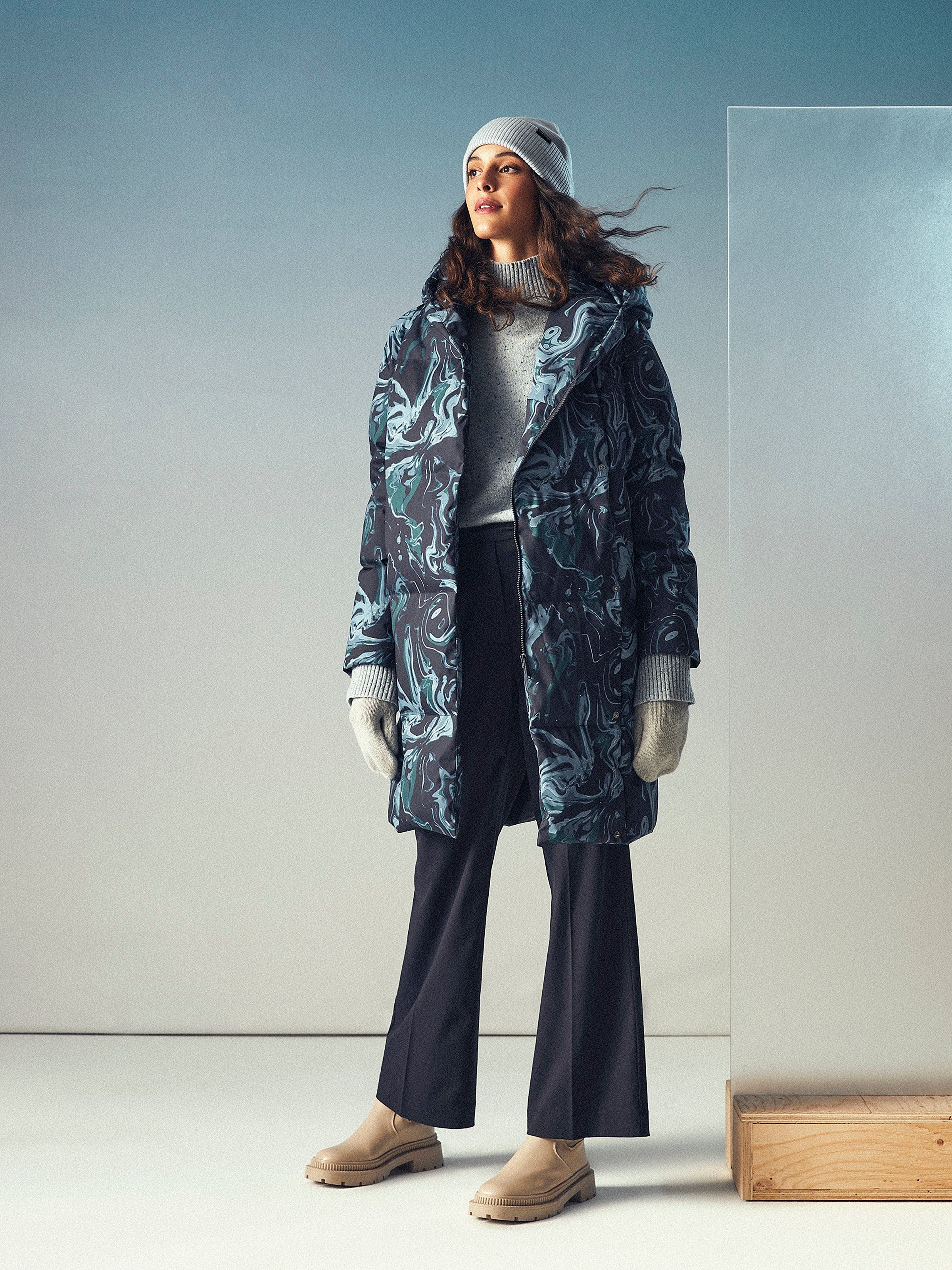 The Printed Hygge Puffer Coat in Dark Blue sold by Frank & Oak