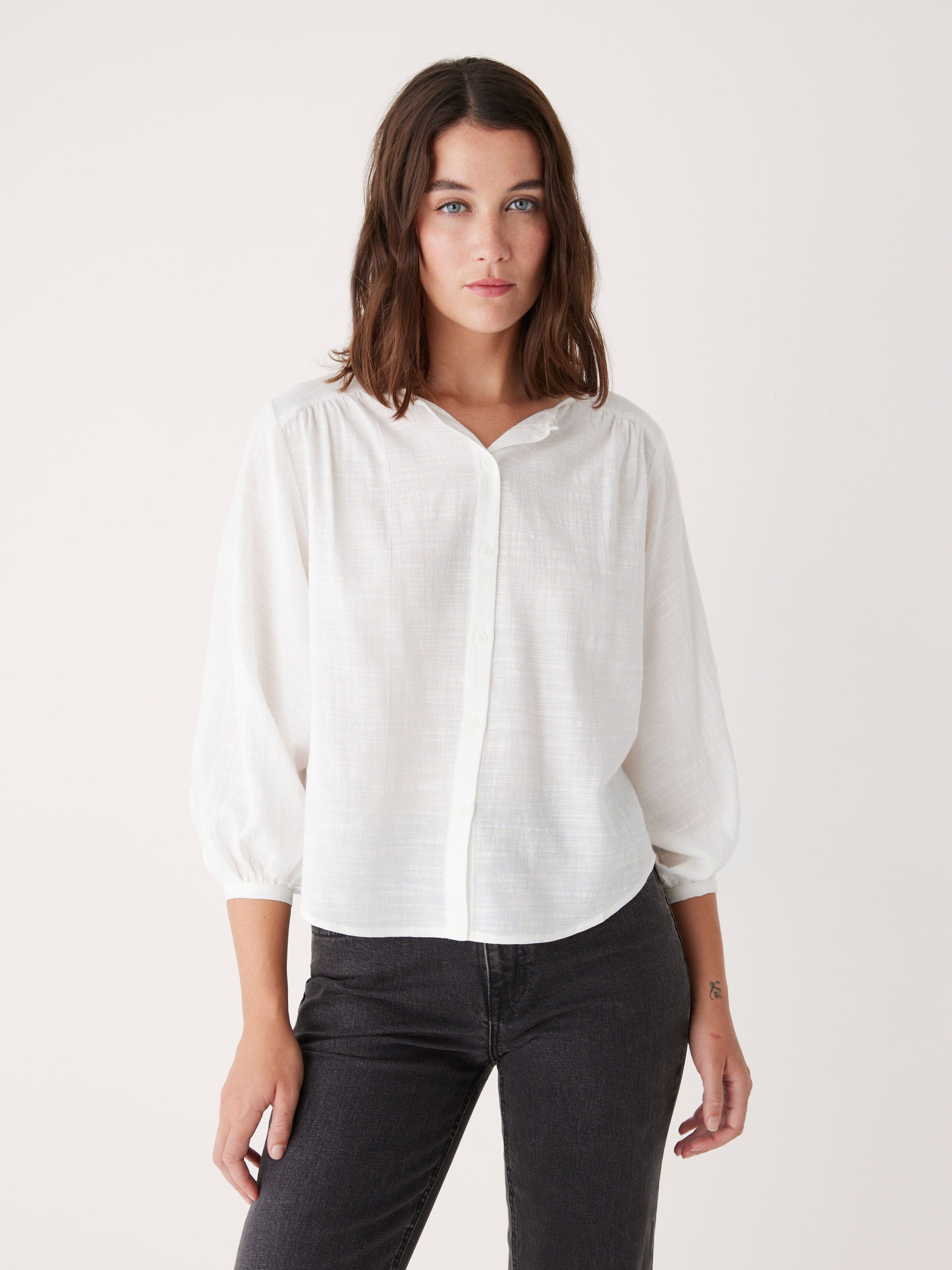 The Button Up Long Sleeve Blouse in White sold by Frank & Oak