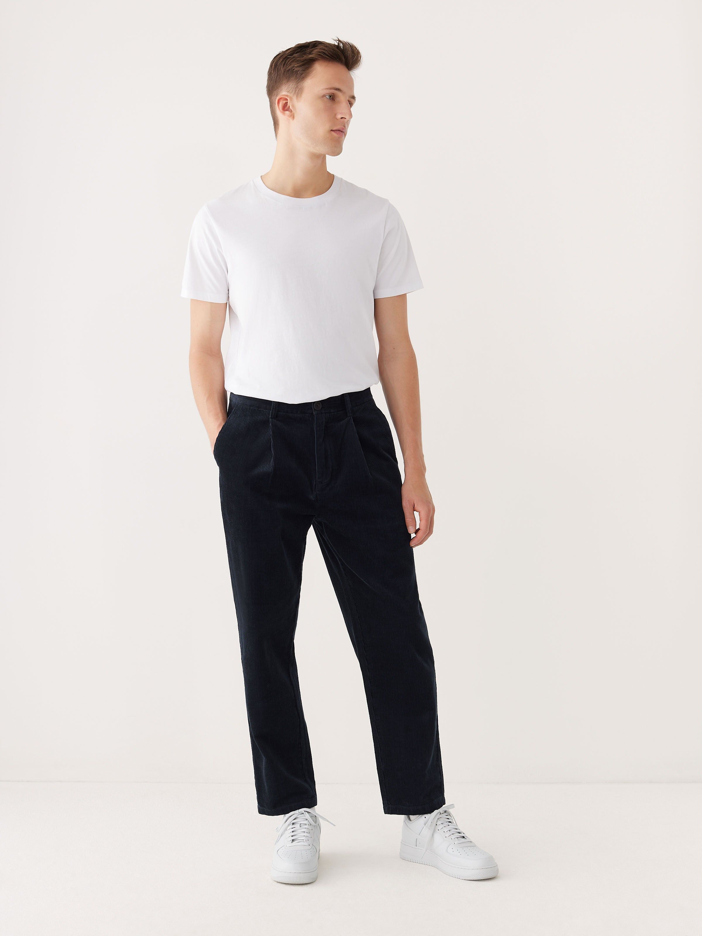 The Jamie Relaxed Tapered Fit Corduroy Pant in Deep Blue sold by Frank & Oak