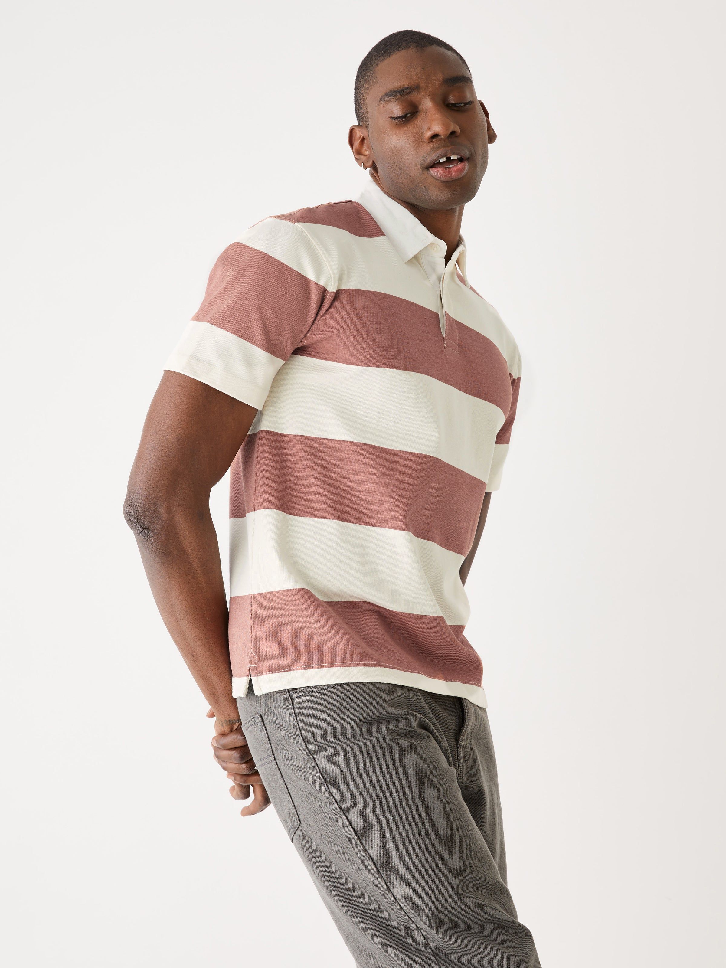 The Striped Rugby Polo Shirt in Cognac sold by Frank & Oak