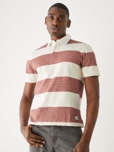 The Striped Rugby Polo Shirt in Cognac sold by Frank & Oak