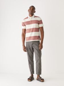The Striped Rugby Polo Shirt in Cognac sold by Frank & Oak