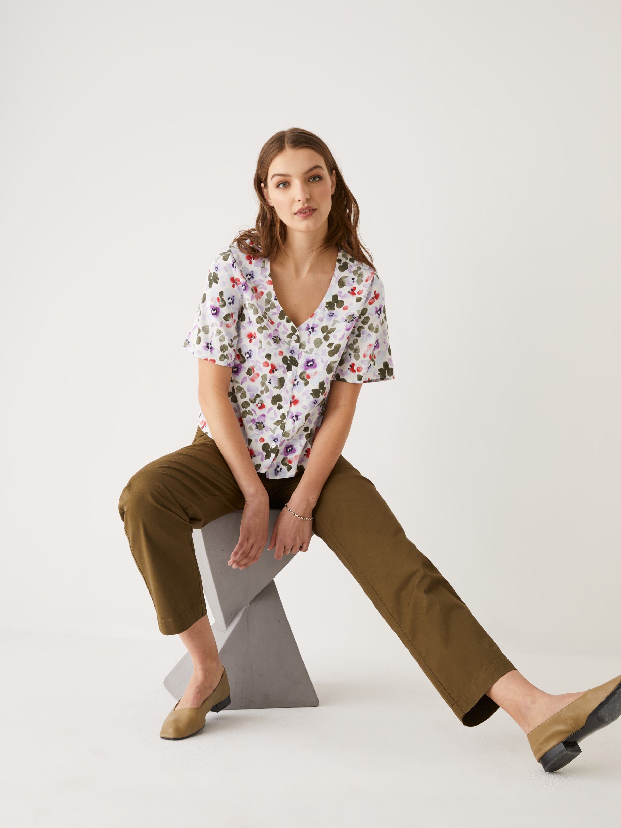 The Printed Flutter Blouse in White sold by Frank & Oak